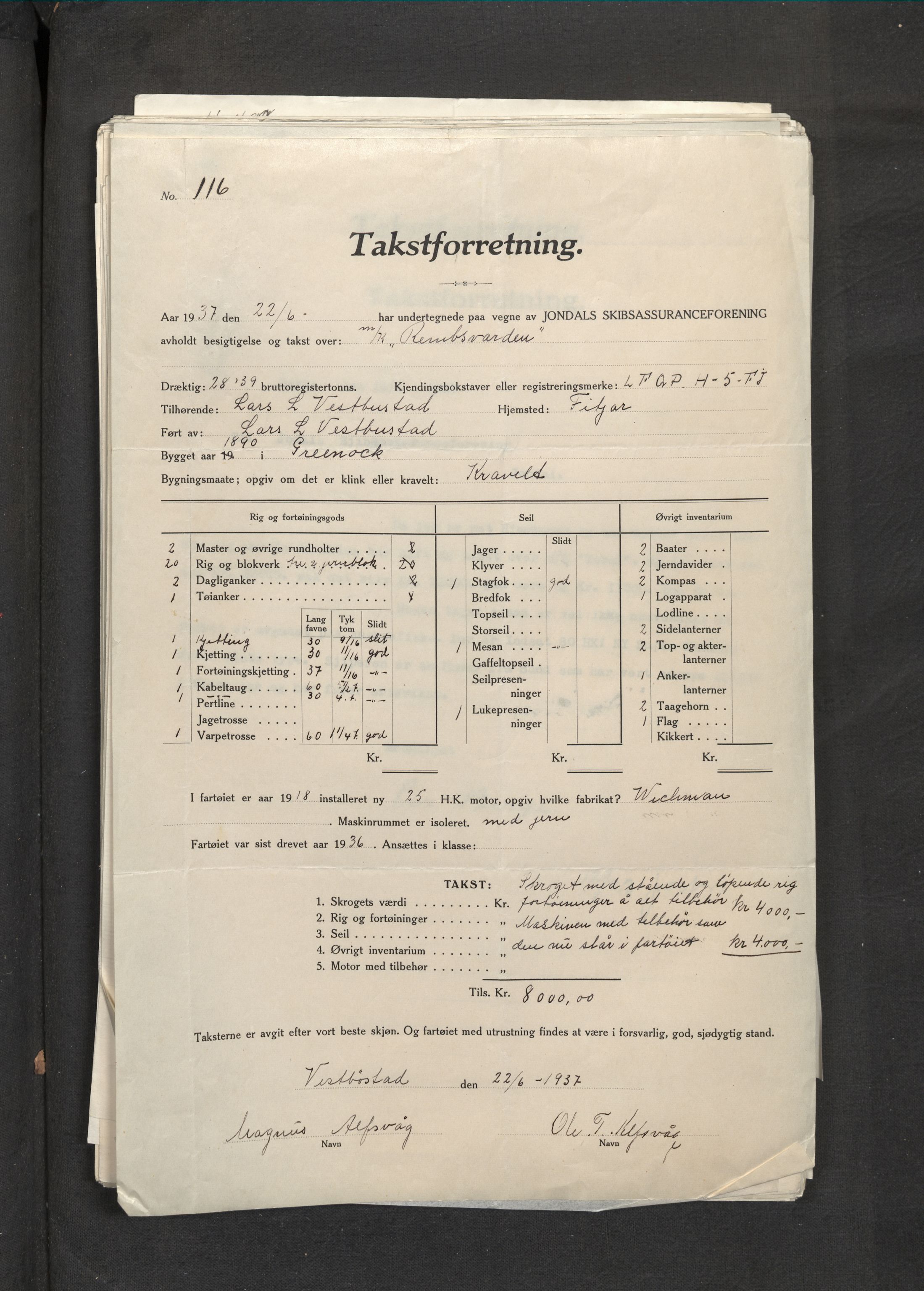 Jondal Skipsassuranseforening, AV/SAB-SAB/PA-0276/E/L0054: Takster , 1936-1943