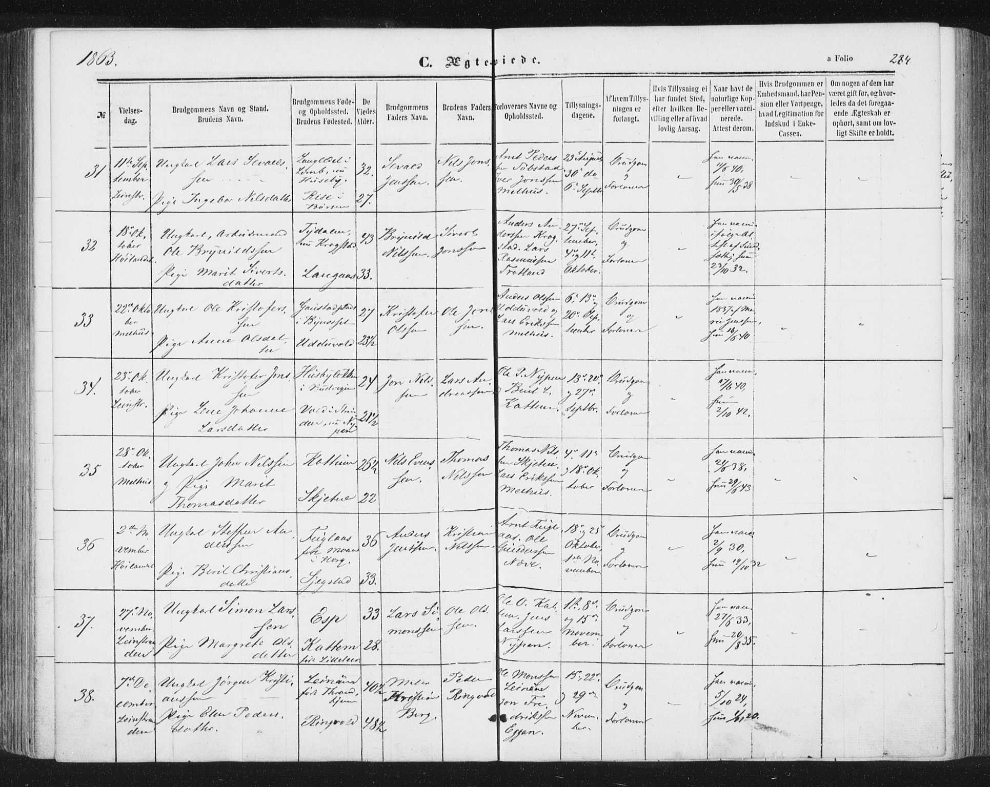 Ministerialprotokoller, klokkerbøker og fødselsregistre - Sør-Trøndelag, SAT/A-1456/691/L1077: Ministerialbok nr. 691A09, 1862-1873, s. 284