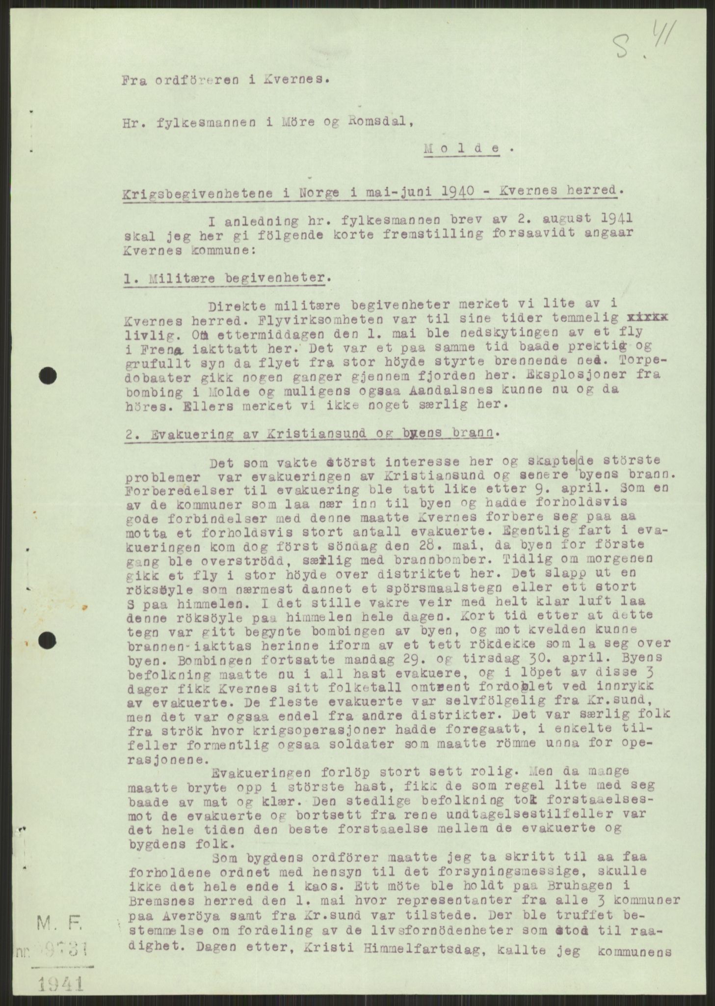 Forsvaret, Forsvarets krigshistoriske avdeling, AV/RA-RAFA-2017/Y/Ya/L0015: II-C-11-31 - Fylkesmenn.  Rapporter om krigsbegivenhetene 1940., 1940, s. 694