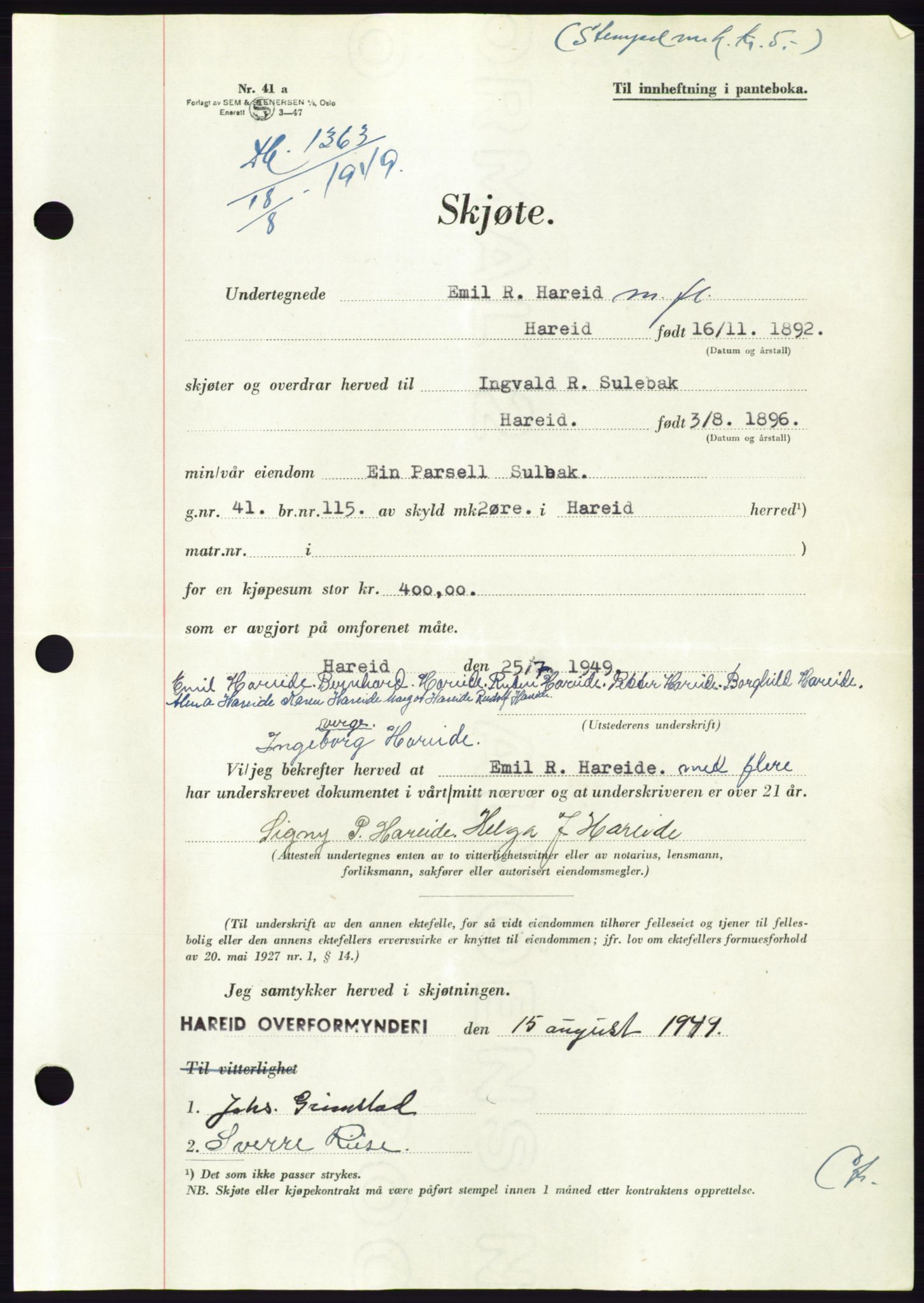 Søre Sunnmøre sorenskriveri, AV/SAT-A-4122/1/2/2C/L0085: Pantebok nr. 11A, 1949-1949, Dagboknr: 1363/1949