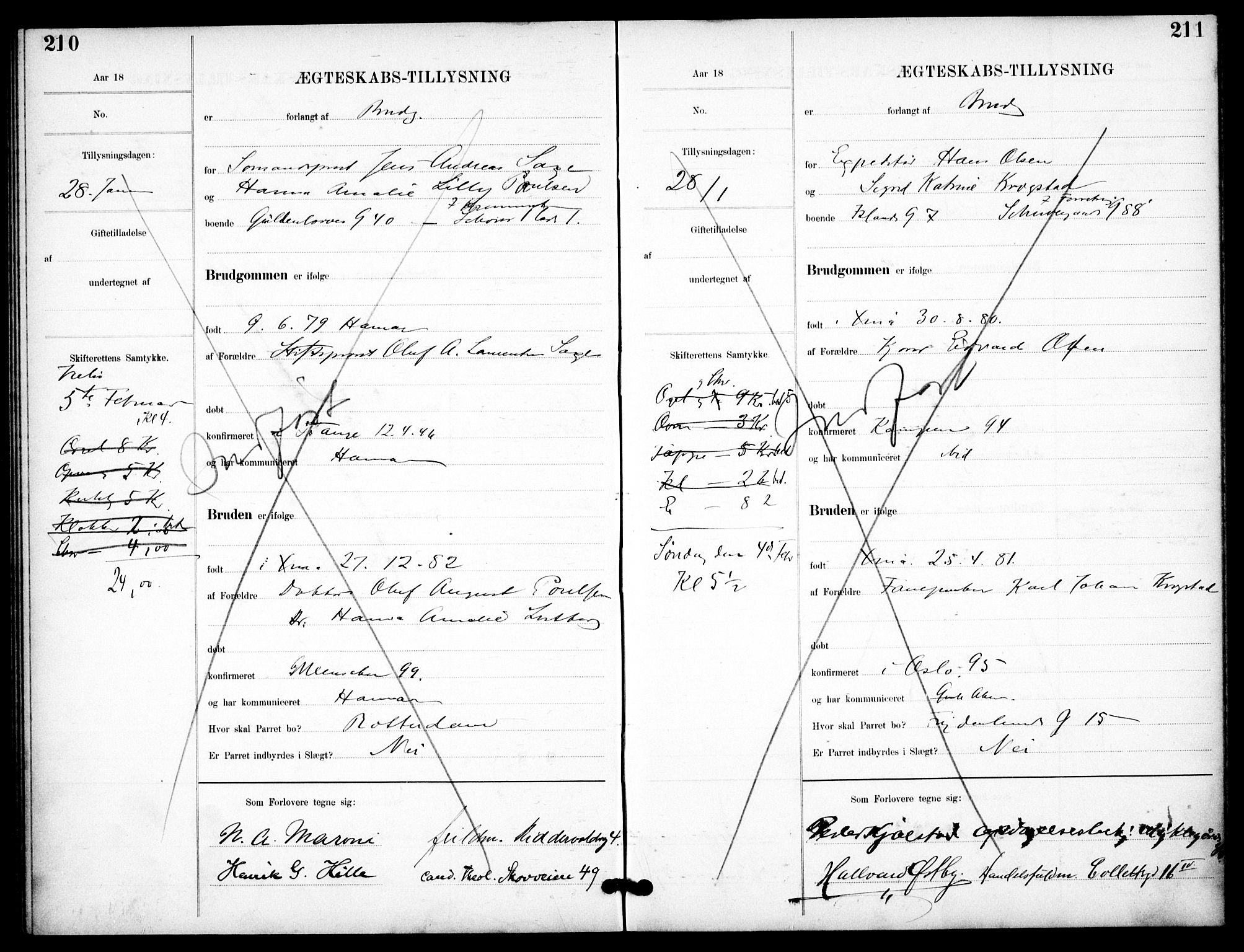 Garnisonsmenigheten Kirkebøker, AV/SAO-A-10846/H/Ha/L0008: Lysningsprotokoll nr. I 8, 1894-1908, s. 210-211