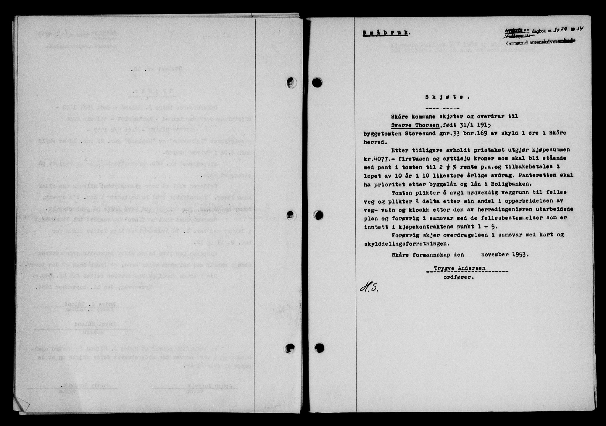 Karmsund sorenskriveri, SAST/A-100311/01/II/IIB/L0113: Pantebok nr. 93A, 1954-1954, Dagboknr: 3079/1954