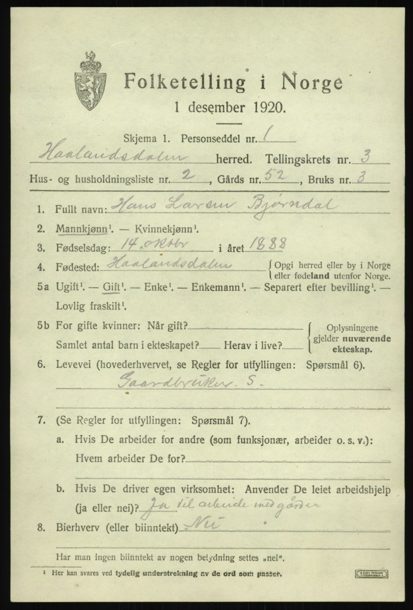SAB, Folketelling 1920 for 1239 Hålandsdal herred, 1920, s. 668