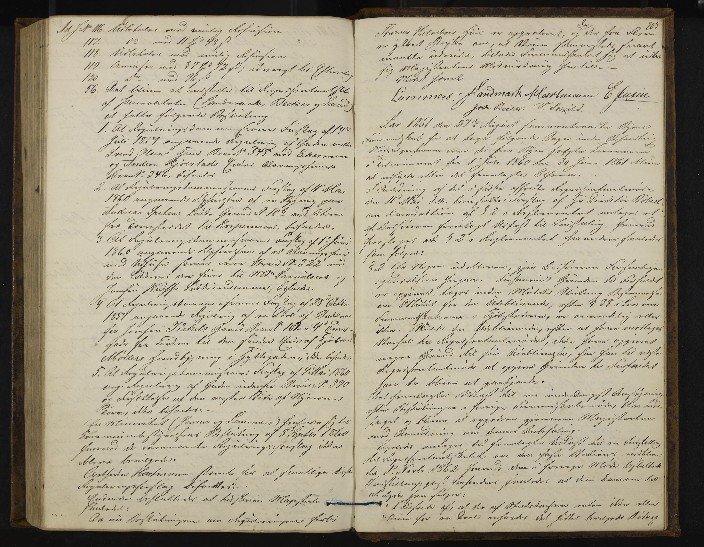 Kongsberg formannskap og sentraladministrasjon, IKAK/0604021-1/A/L0003: Møtebok med register, 1856-1861, s. 203