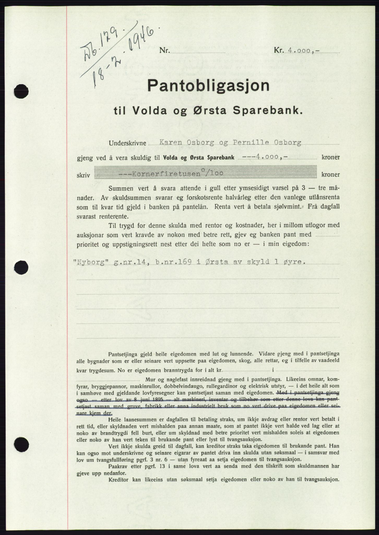 Søre Sunnmøre sorenskriveri, AV/SAT-A-4122/1/2/2C/L0114: Pantebok nr. 1-2B, 1943-1947, Dagboknr: 129/1946