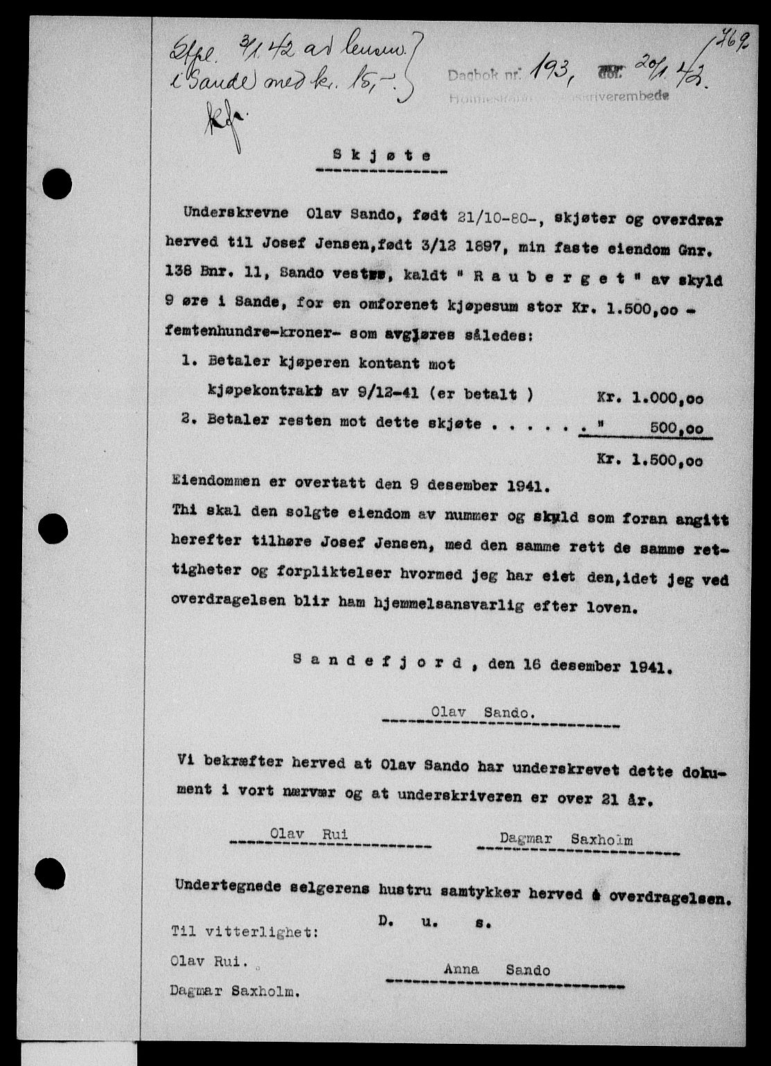 Holmestrand sorenskriveri, SAKO/A-67/G/Ga/Gaa/L0054: Pantebok nr. A-54, 1941-1942, Dagboknr: 193/1942