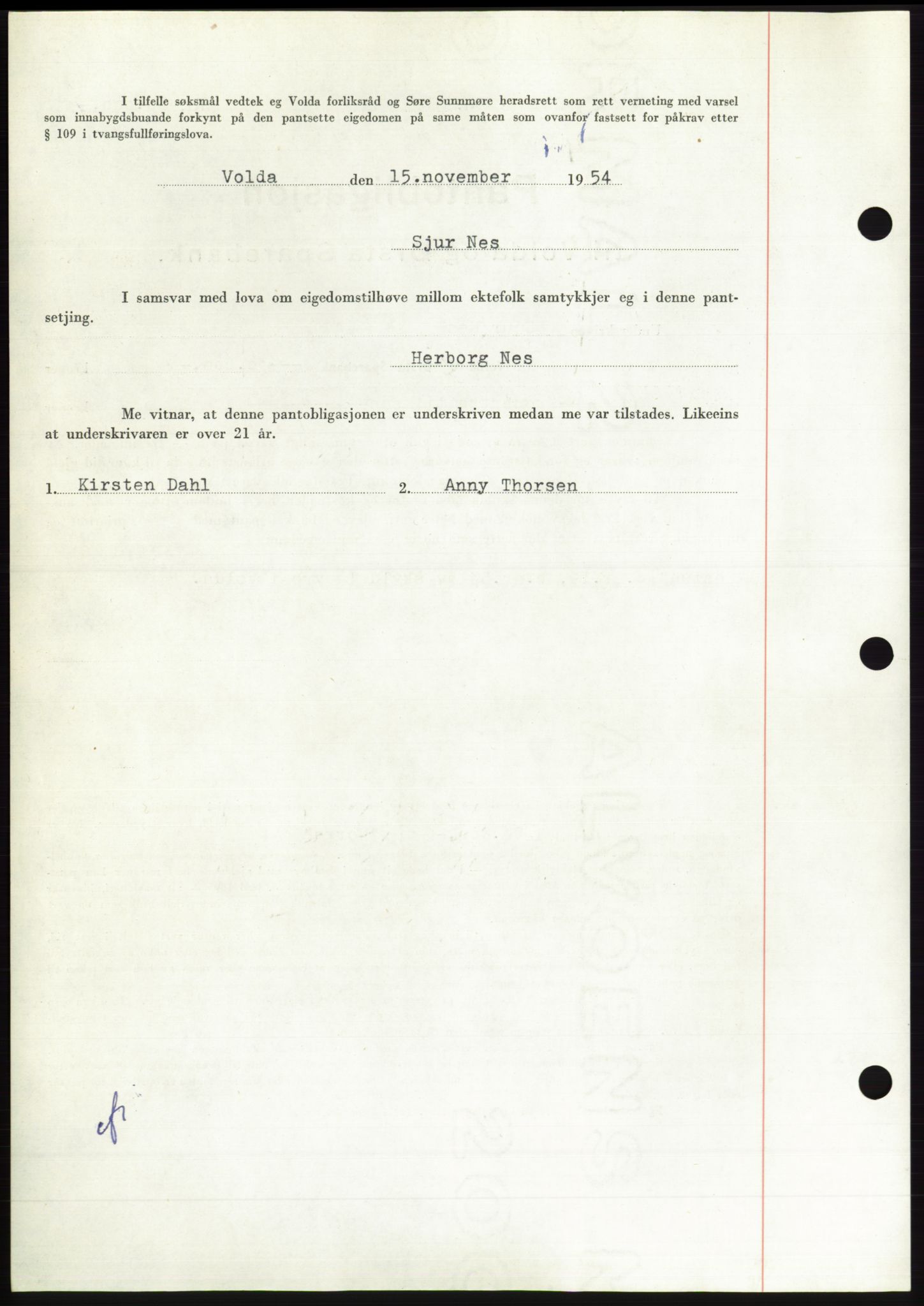 Søre Sunnmøre sorenskriveri, AV/SAT-A-4122/1/2/2C/L0126: Pantebok nr. 14B, 1954-1955, Dagboknr: 2951/1954