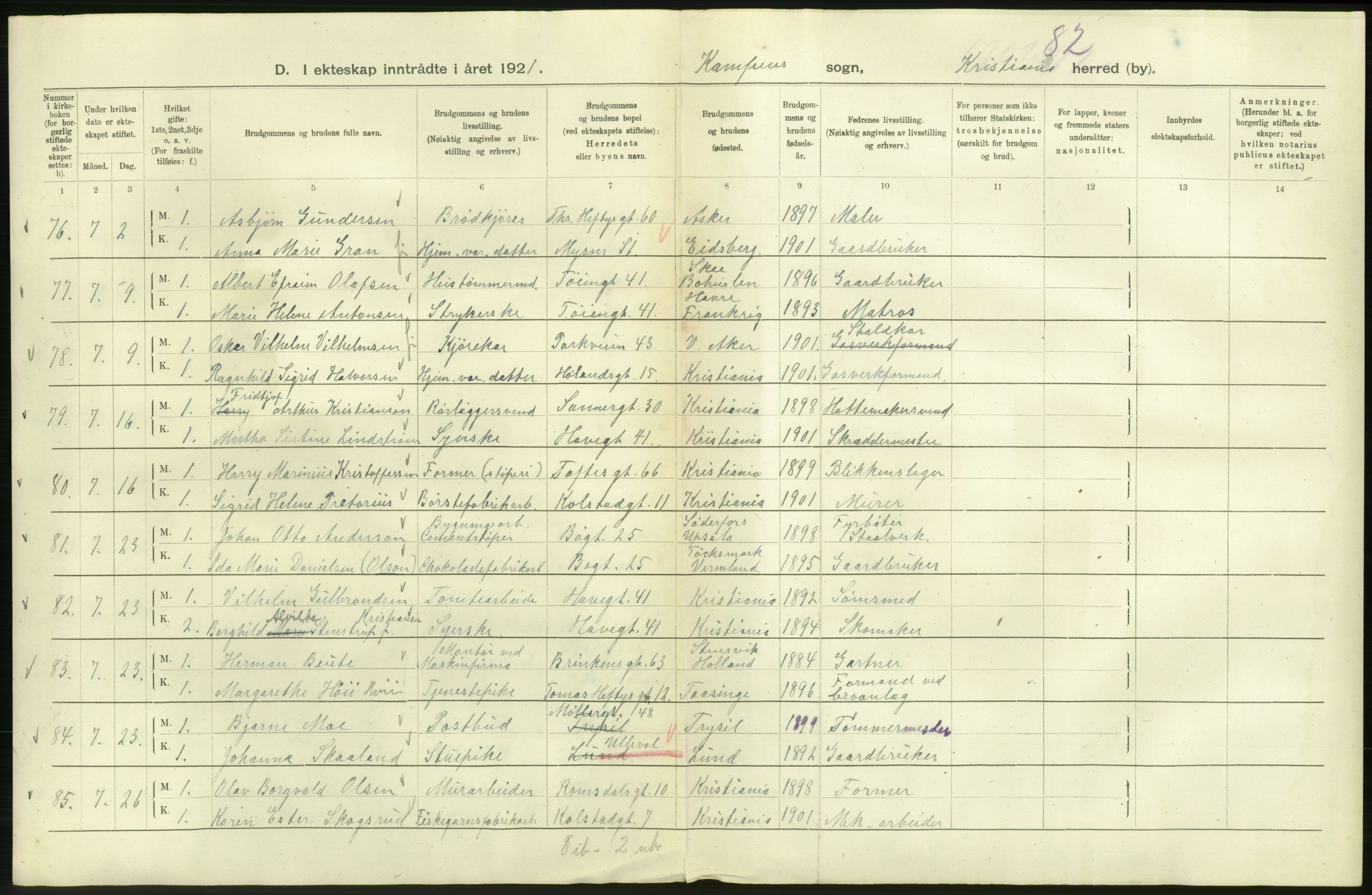 Statistisk sentralbyrå, Sosiodemografiske emner, Befolkning, AV/RA-S-2228/D/Df/Dfc/Dfca/L0011: Kristiania: Gifte, 1921, s. 770