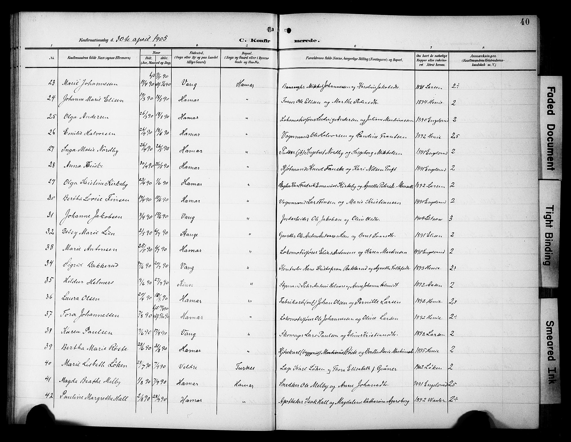 Hamar prestekontor, AV/SAH-DOMPH-002/H/Ha/Hab/L0002: Klokkerbok nr. 2, 1899-1929, s. 40