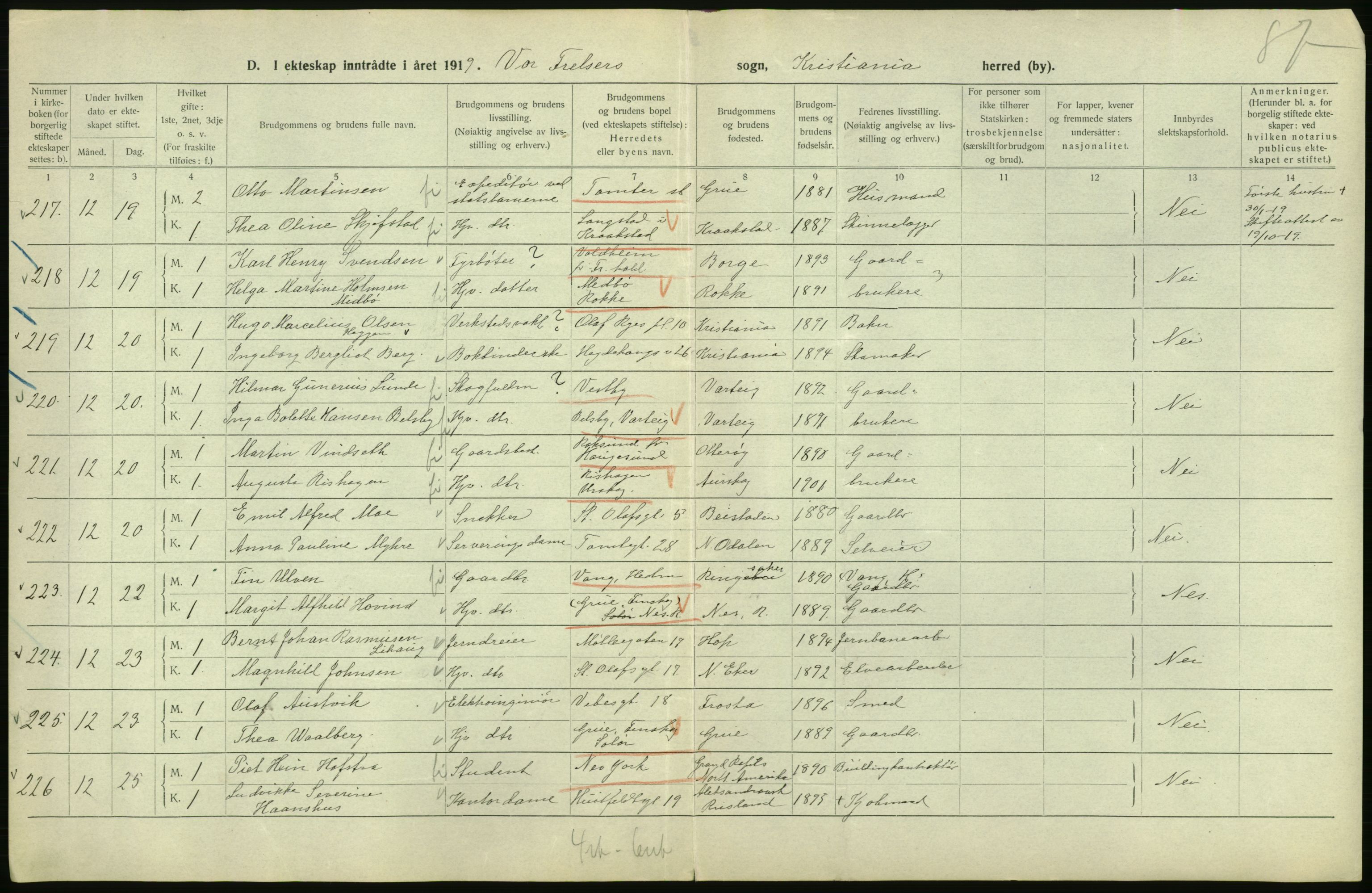 Statistisk sentralbyrå, Sosiodemografiske emner, Befolkning, AV/RA-S-2228/D/Df/Dfb/Dfbi/L0009: Kristiania: Gifte, 1919, s. 52