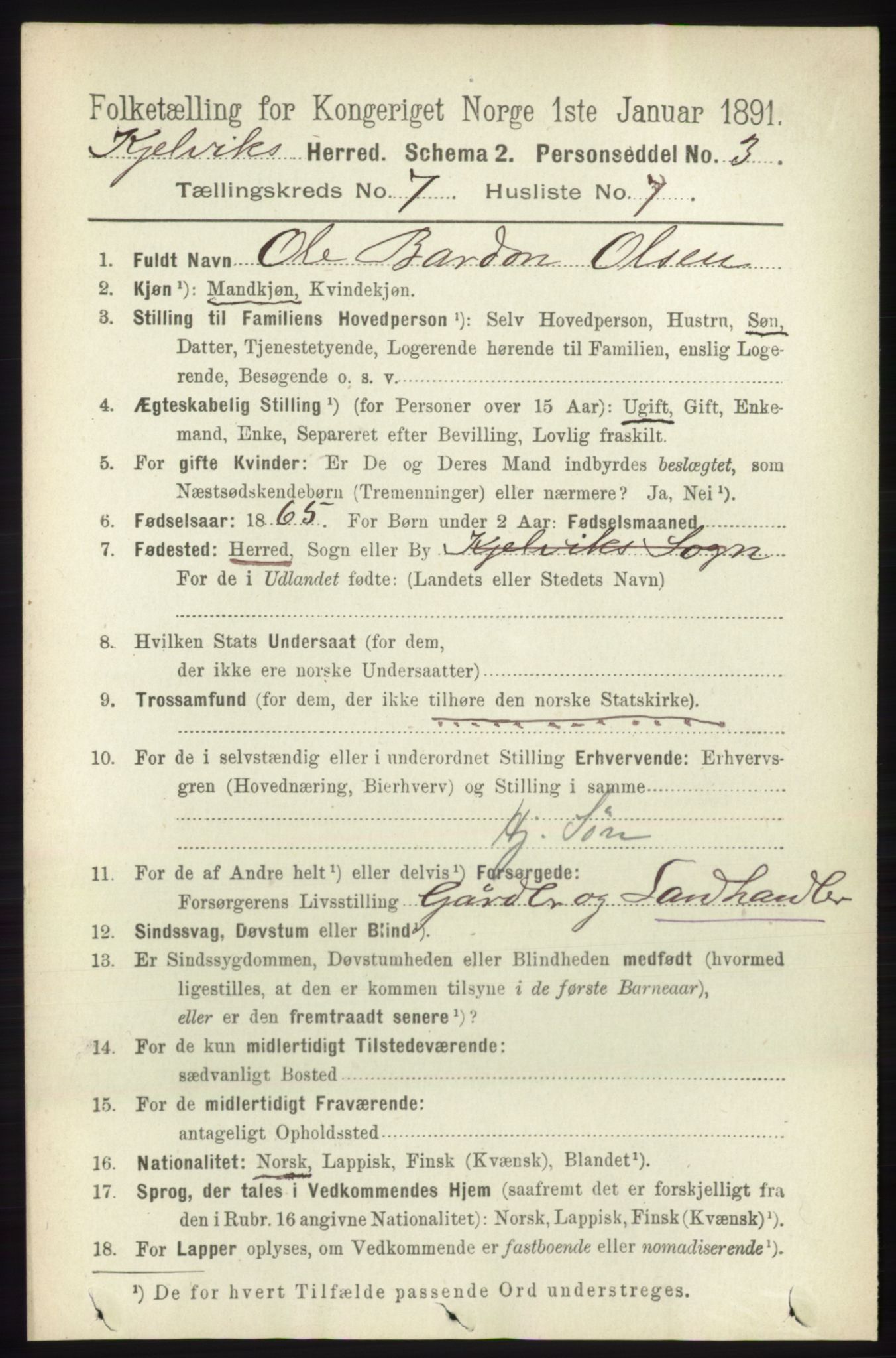 RA, Folketelling 1891 for 2019 Kjelvik herred, 1891, s. 927
