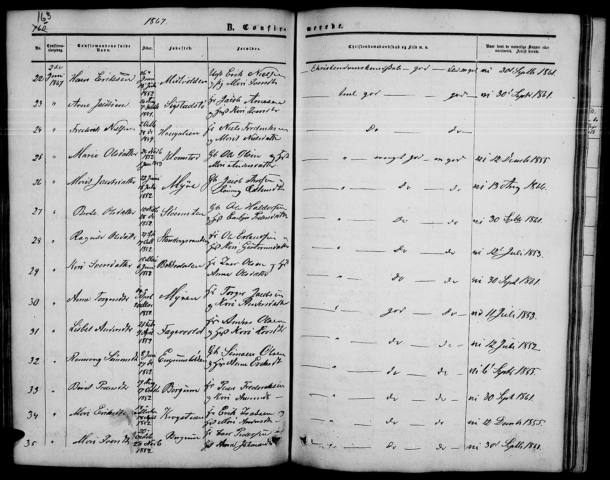 Nord-Fron prestekontor, SAH/PREST-080/H/Ha/Hab/L0003: Klokkerbok nr. 3, 1851-1886, s. 163