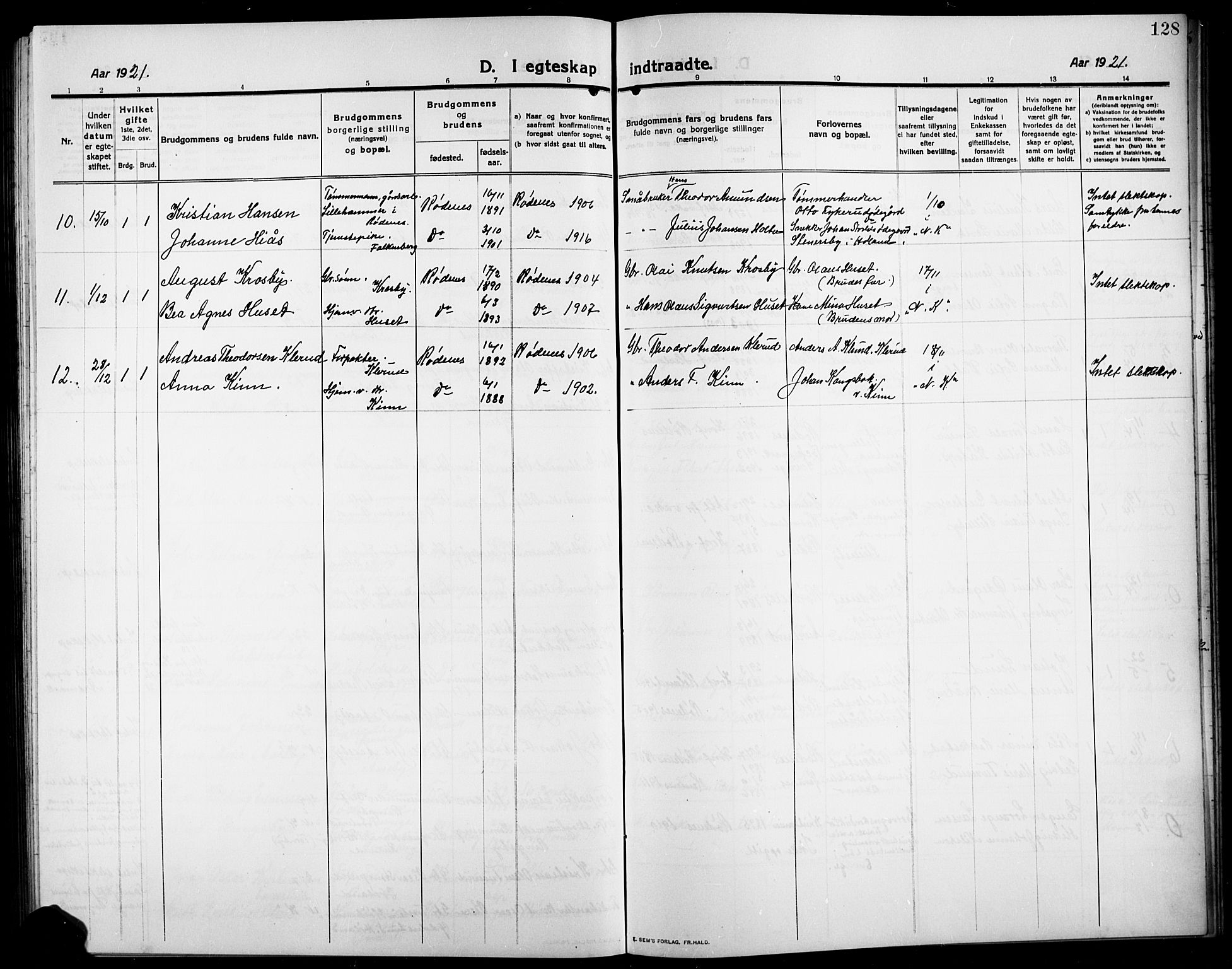 Rødenes prestekontor Kirkebøker, AV/SAO-A-2005/G/Ga/L0003: Klokkerbok nr. I 3, 1911-1926, s. 128