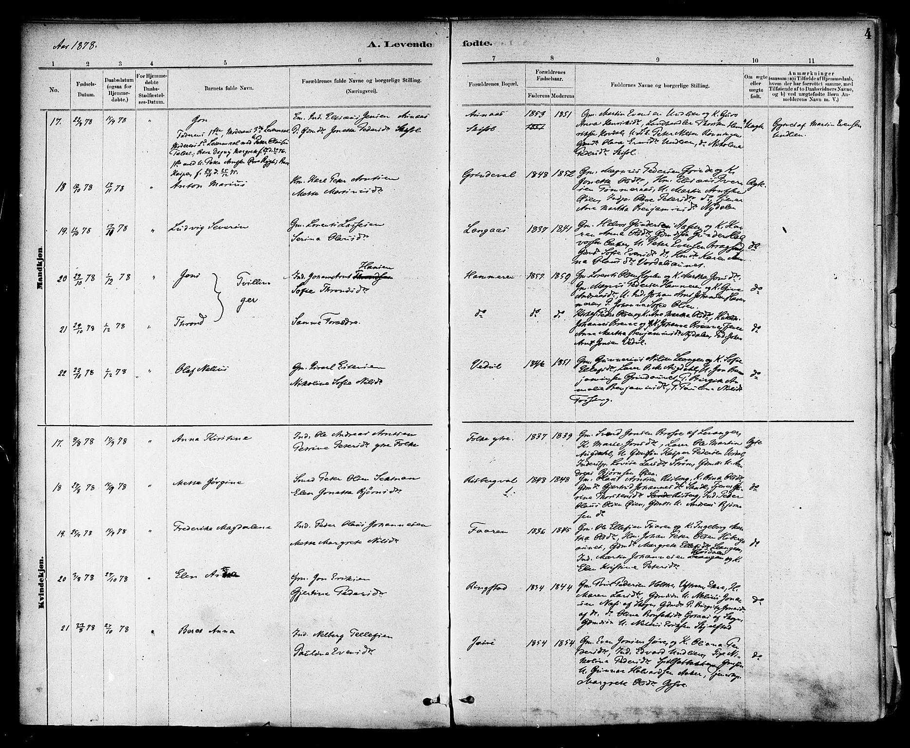 Ministerialprotokoller, klokkerbøker og fødselsregistre - Nord-Trøndelag, SAT/A-1458/714/L0130: Ministerialbok nr. 714A01, 1878-1895, s. 4