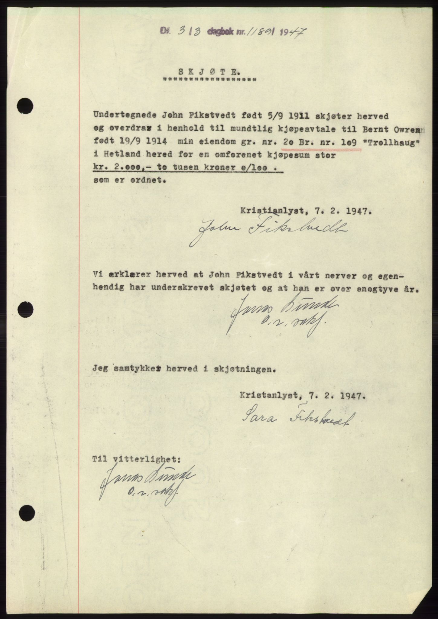 Jæren sorenskriveri, SAST/A-100310/03/G/Gba/L0094: Pantebok, 1947-1947, Dagboknr: 1189/1947