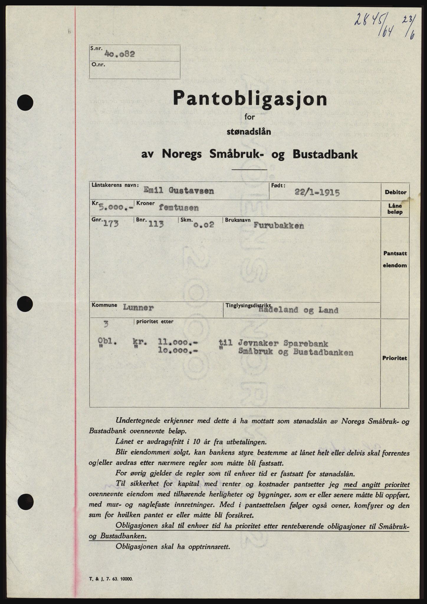 Hadeland og Land tingrett, SAH/TING-010/H/Hb/Hbc/L0055: Pantebok nr. B55, 1964-1964, Dagboknr: 2845/1964