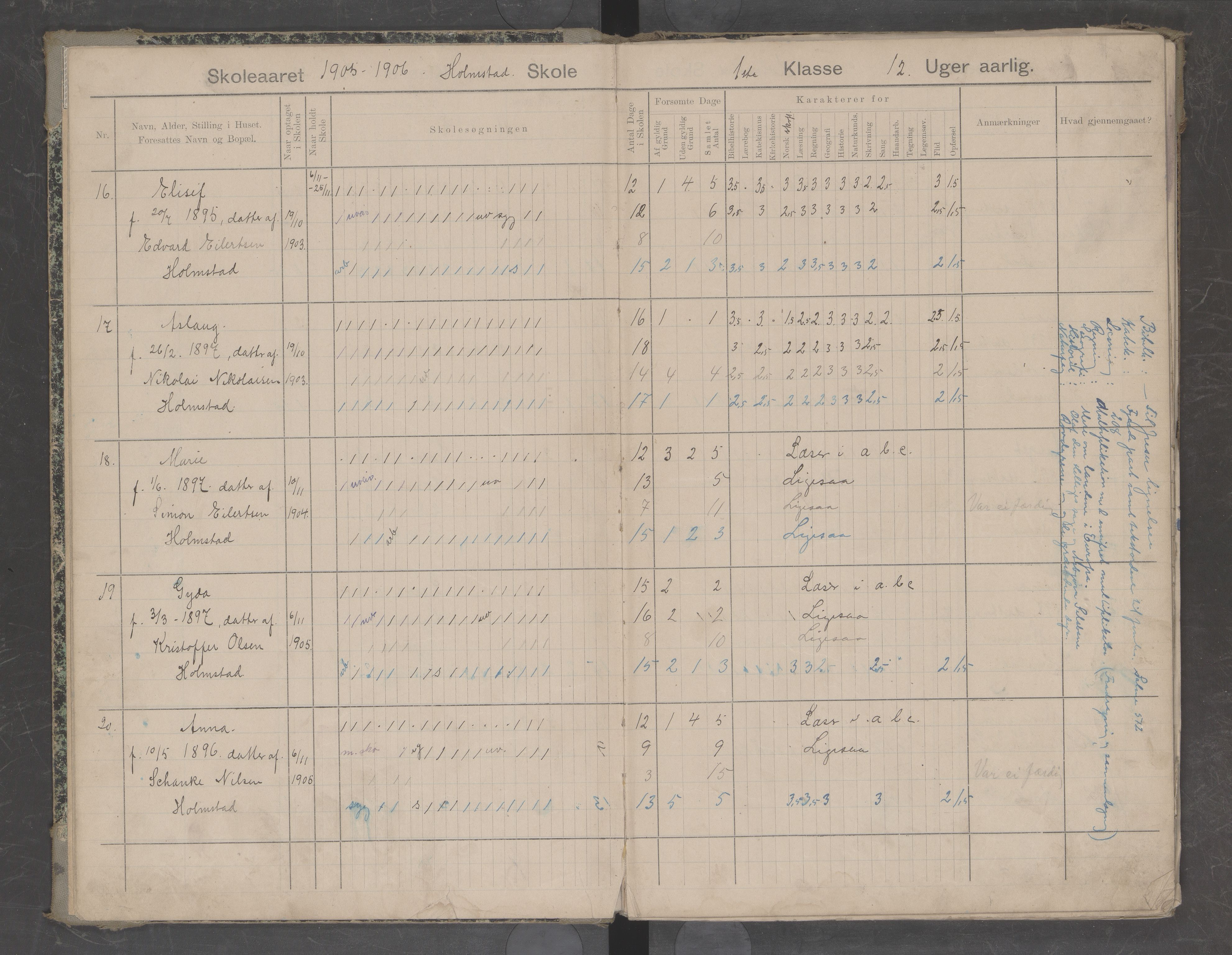 Hadsel kommune. Holmstad skolekrets, AIN/K-18660.510.23/G/L0001: Skoleprotokoll for Holmstad småskole, 1905-1922