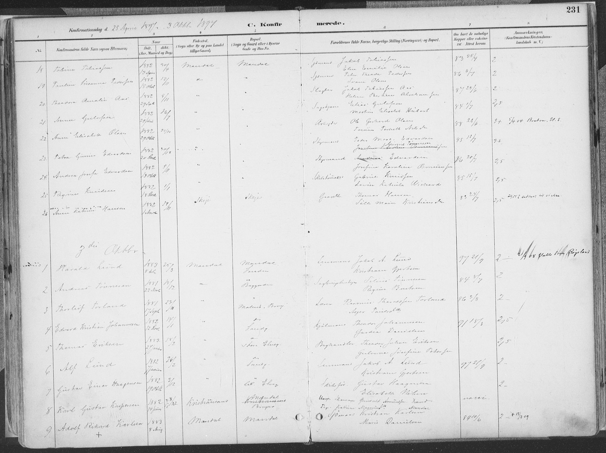 Mandal sokneprestkontor, AV/SAK-1111-0030/F/Fa/Faa/L0018: Ministerialbok nr. A 18, 1890-1905, s. 231