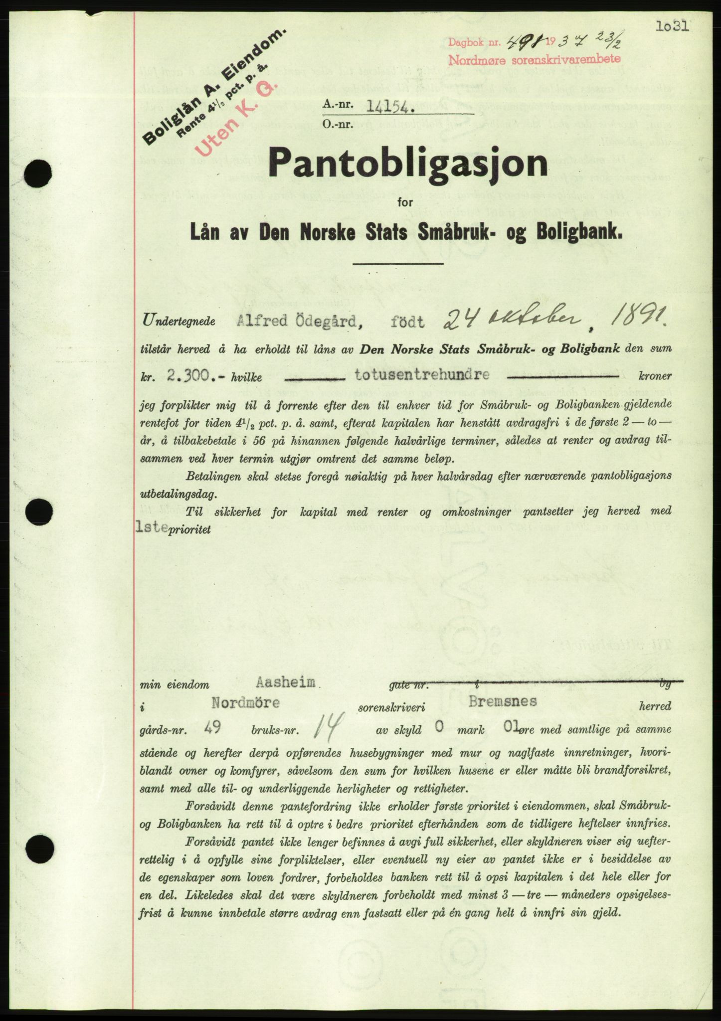 Nordmøre sorenskriveri, AV/SAT-A-4132/1/2/2Ca/L0090: Pantebok nr. B80, 1936-1937, Dagboknr: 491/1937