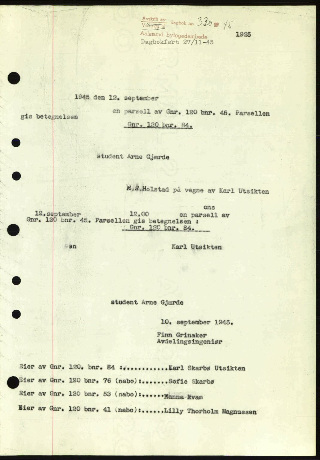 Ålesund byfogd, AV/SAT-A-4384: Pantebok nr. 36a, 1944-1945, Dagboknr: 330/1945