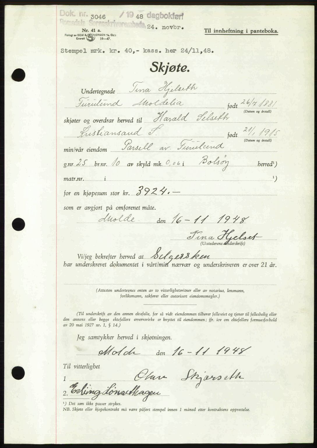 Romsdal sorenskriveri, SAT/A-4149/1/2/2C: Pantebok nr. A27, 1948-1948, Dagboknr: 3046/1948