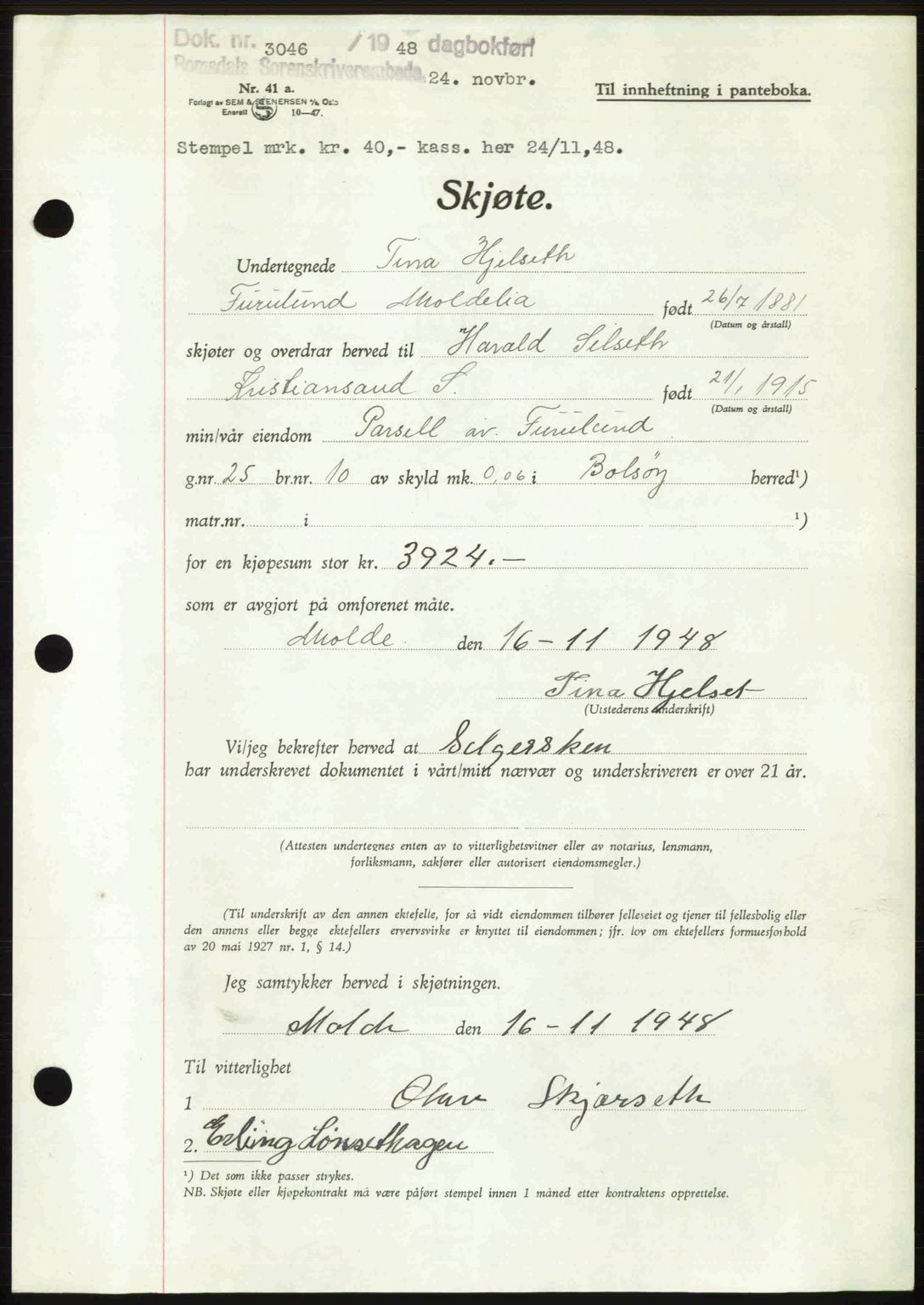 Romsdal sorenskriveri, AV/SAT-A-4149/1/2/2C: Pantebok nr. A27, 1948-1948, Dagboknr: 3046/1948