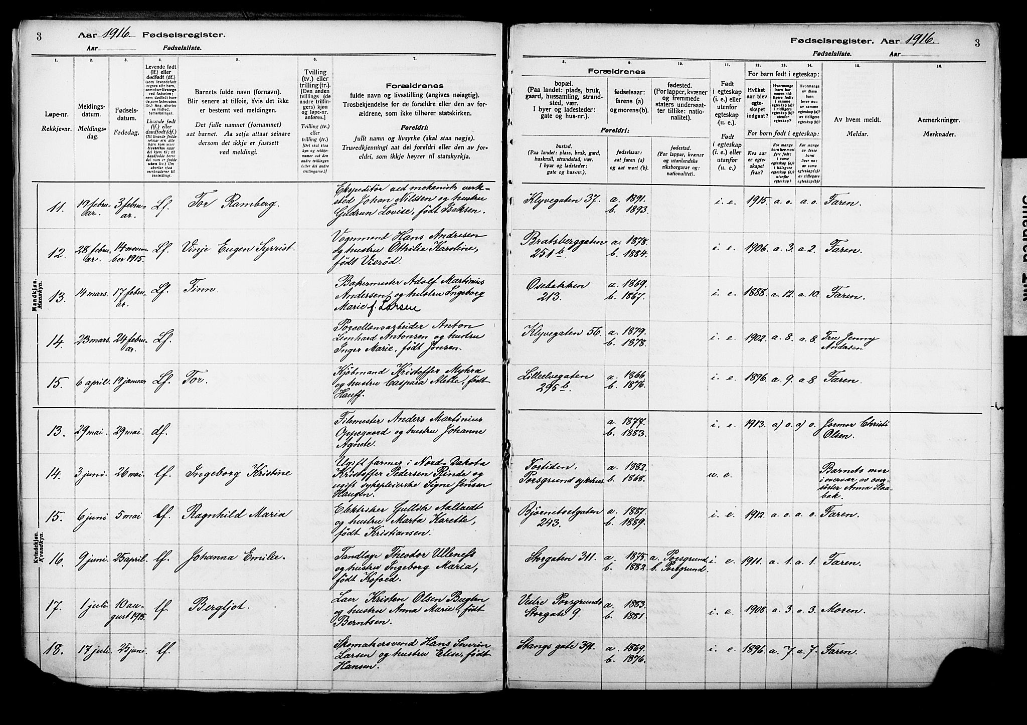 Porsgrunn kirkebøker , SAKO/A-104/J/Ja/L0001: Fødselsregister nr. 1, 1916-1929, s. 3