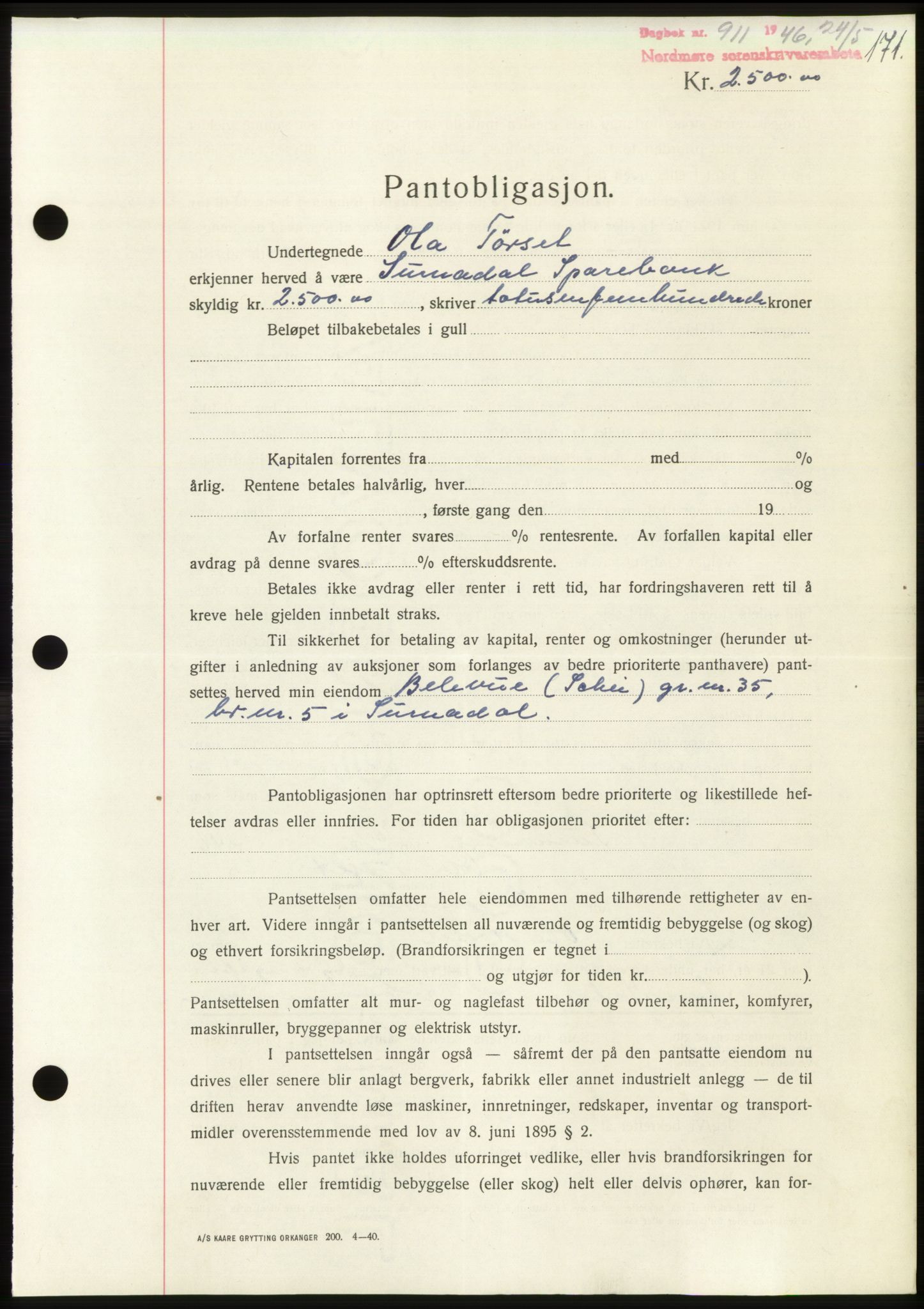 Nordmøre sorenskriveri, SAT/A-4132/1/2/2Ca: Pantebok nr. B94, 1946-1946, Dagboknr: 911/1946