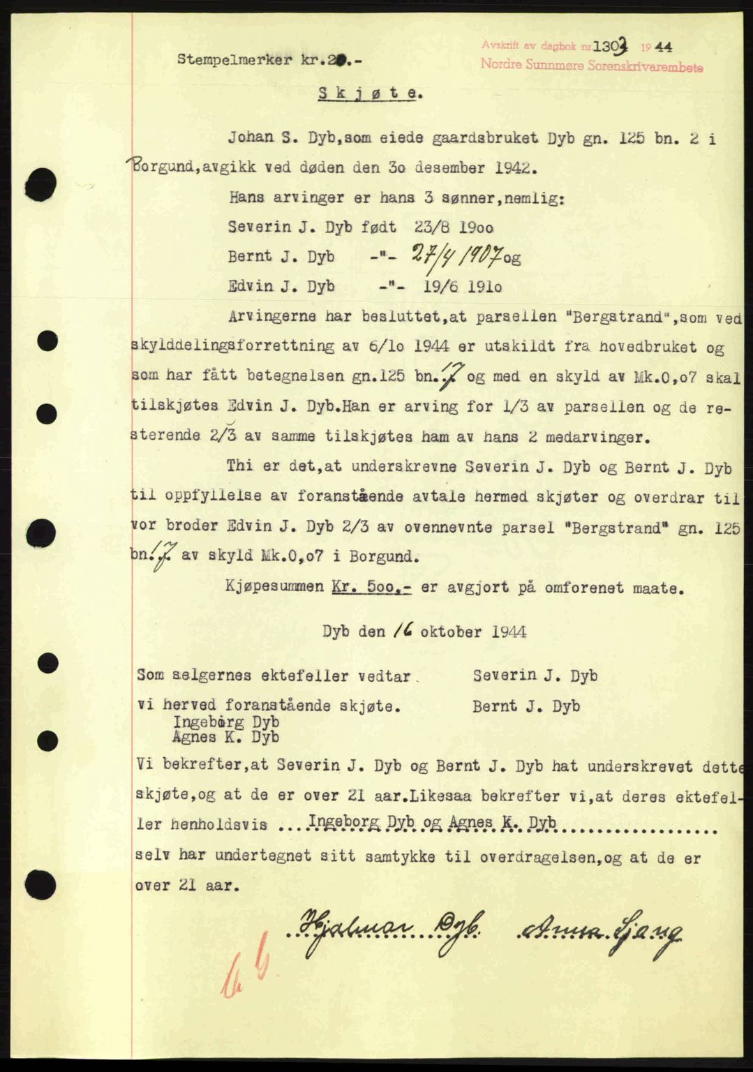 Nordre Sunnmøre sorenskriveri, SAT/A-0006/1/2/2C/2Ca: Pantebok nr. A18, 1944-1944, Dagboknr: 1303/1944