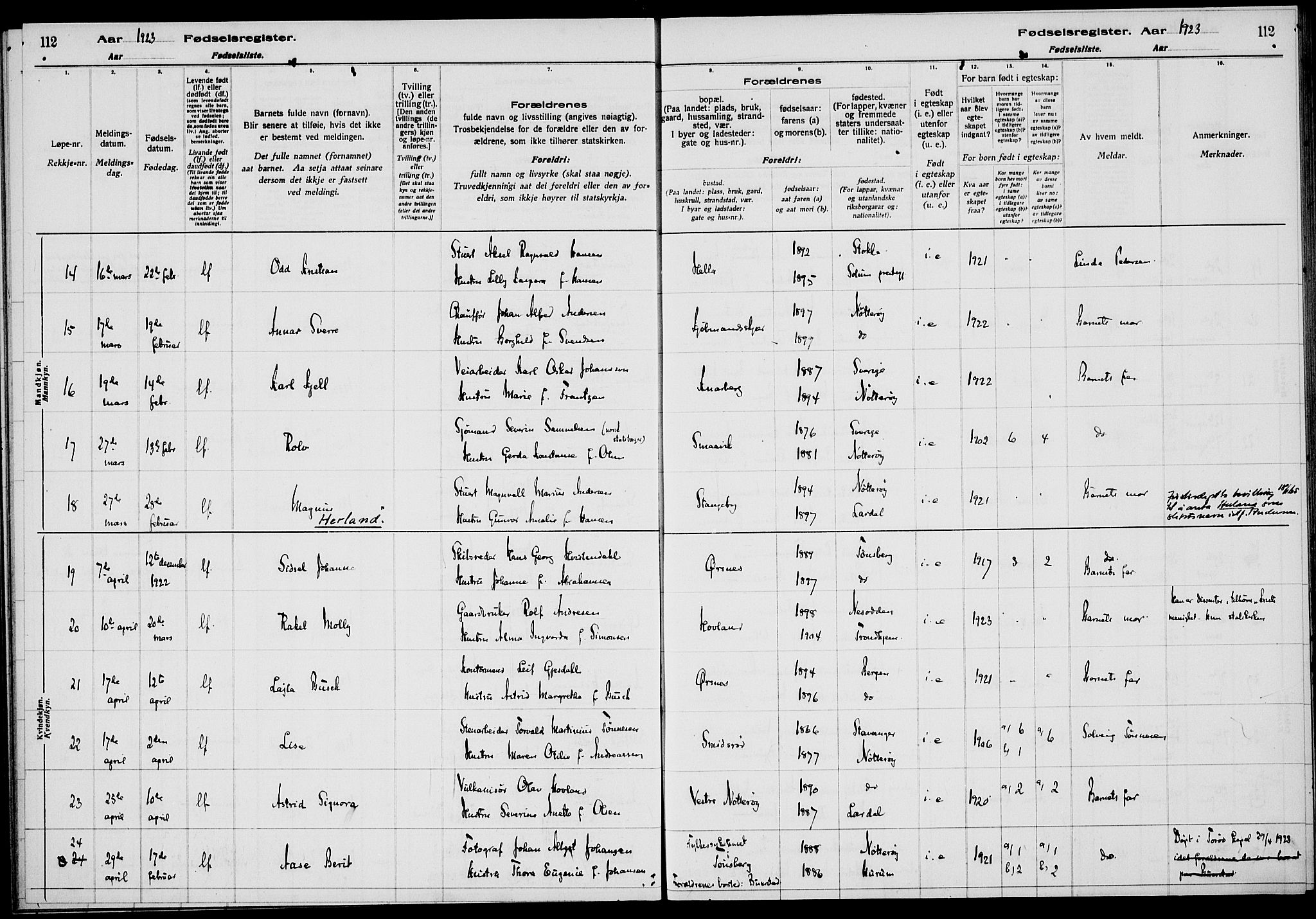 Nøtterøy kirkebøker, AV/SAKO-A-354/J/Ja/L0001: Fødselsregister nr. 1, 1916-1928, s. 112