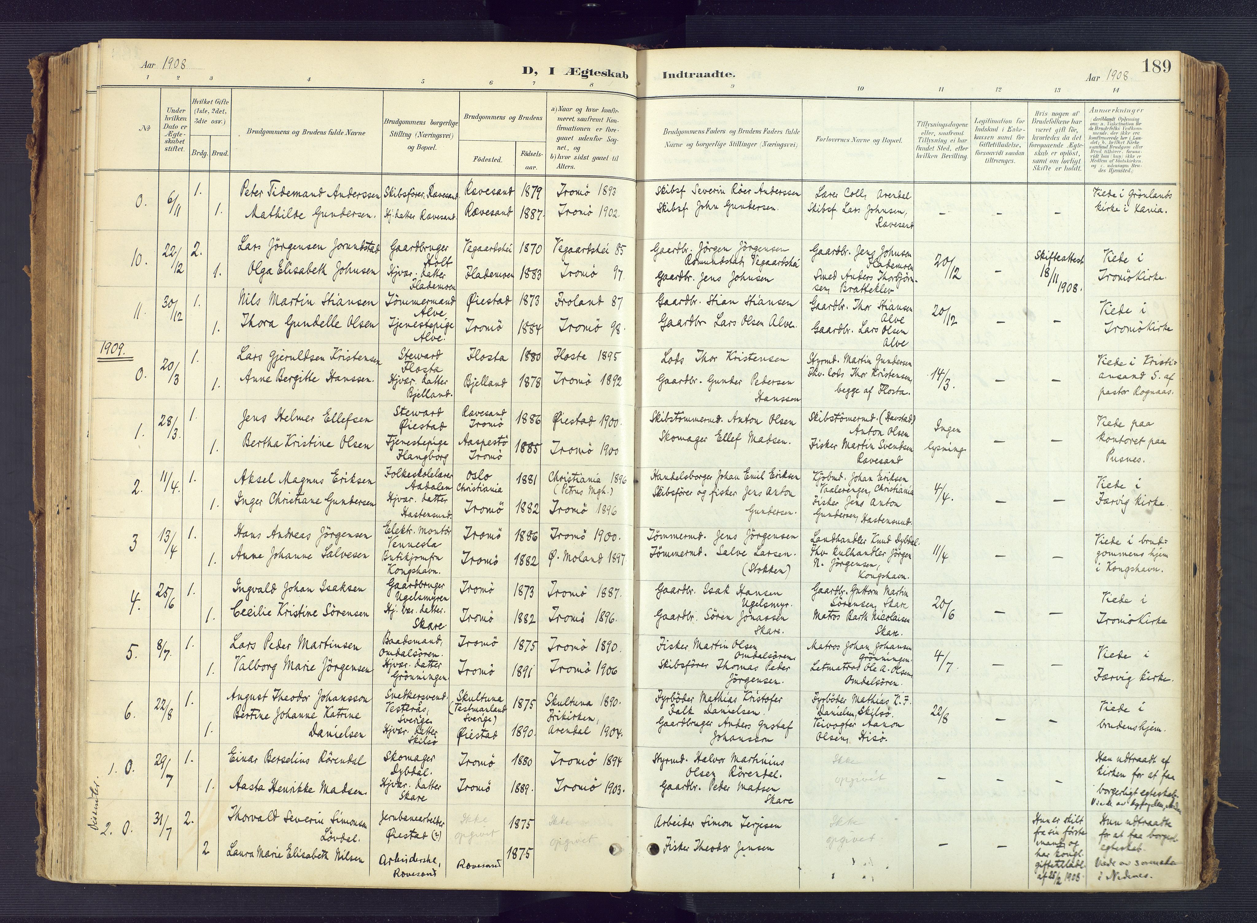 Tromøy sokneprestkontor, SAK/1111-0041/F/Fa/L0010: Ministerialbok nr. A 10, 1896-1912, s. 189