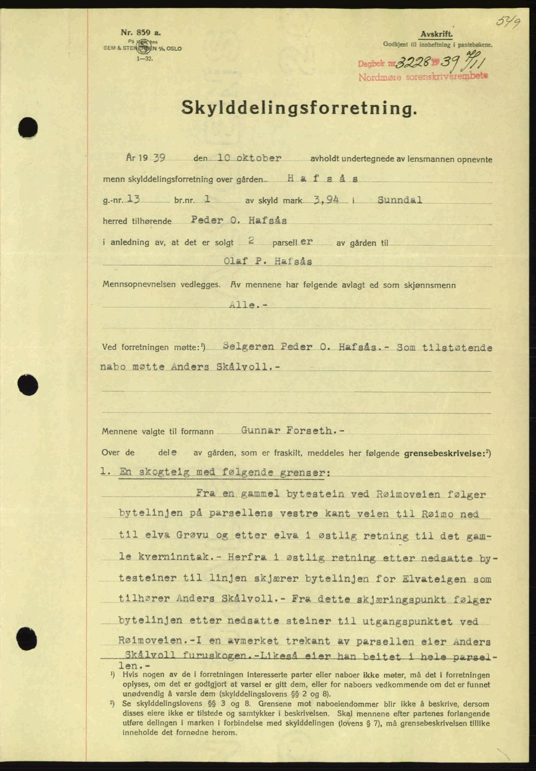 Nordmøre sorenskriveri, SAT/A-4132/1/2/2Ca: Pantebok nr. A87, 1939-1940, Dagboknr: 3228/1939