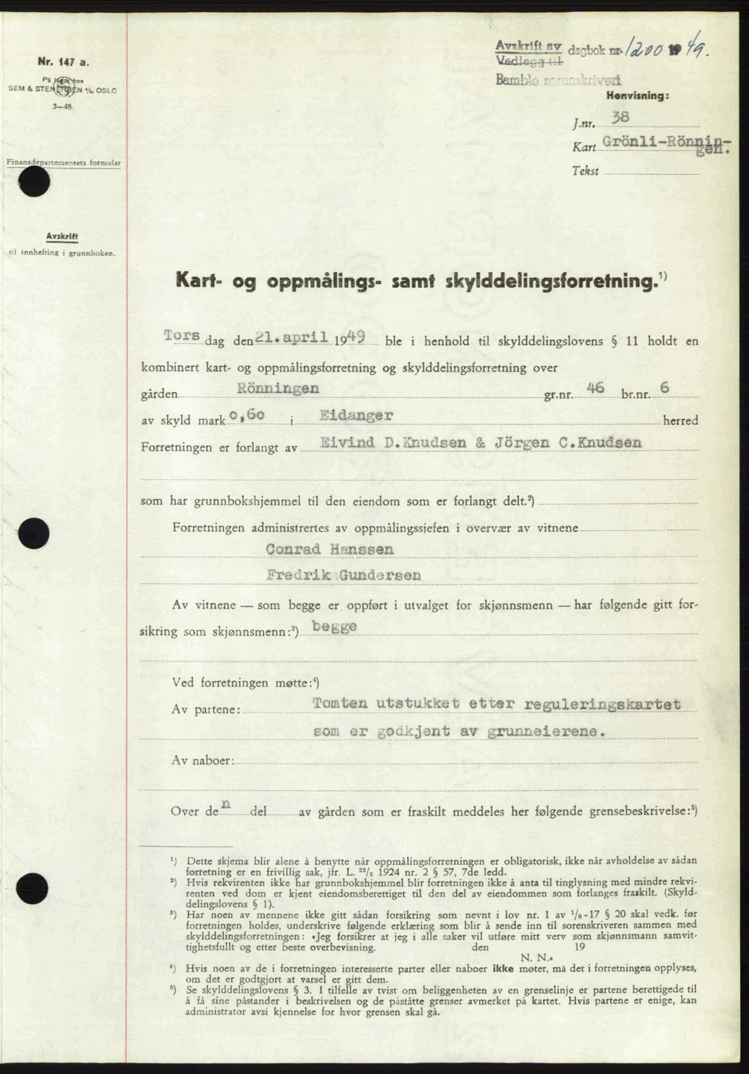 Bamble sorenskriveri, SAKO/A-214/G/Ga/Gag/L0015: Pantebok nr. A-15, 1949-1949, Dagboknr: 1200/1949