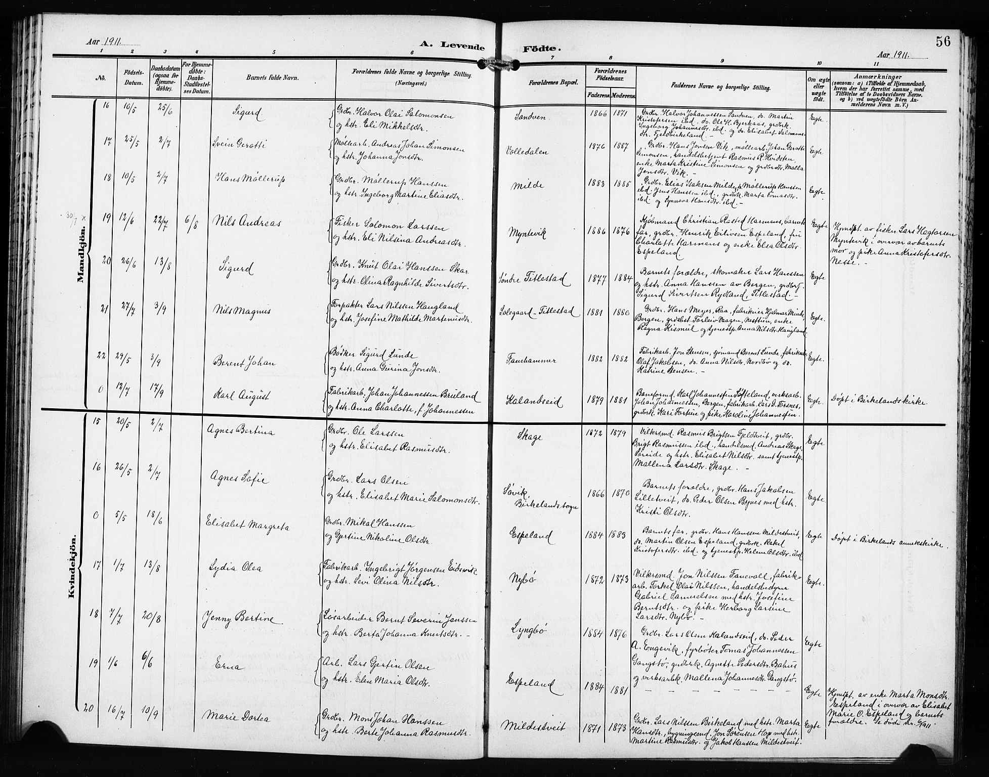 Fana Sokneprestembete, AV/SAB-A-75101/H/Hab/Haba/L0004: Klokkerbok nr. A 4, 1902-1912, s. 56