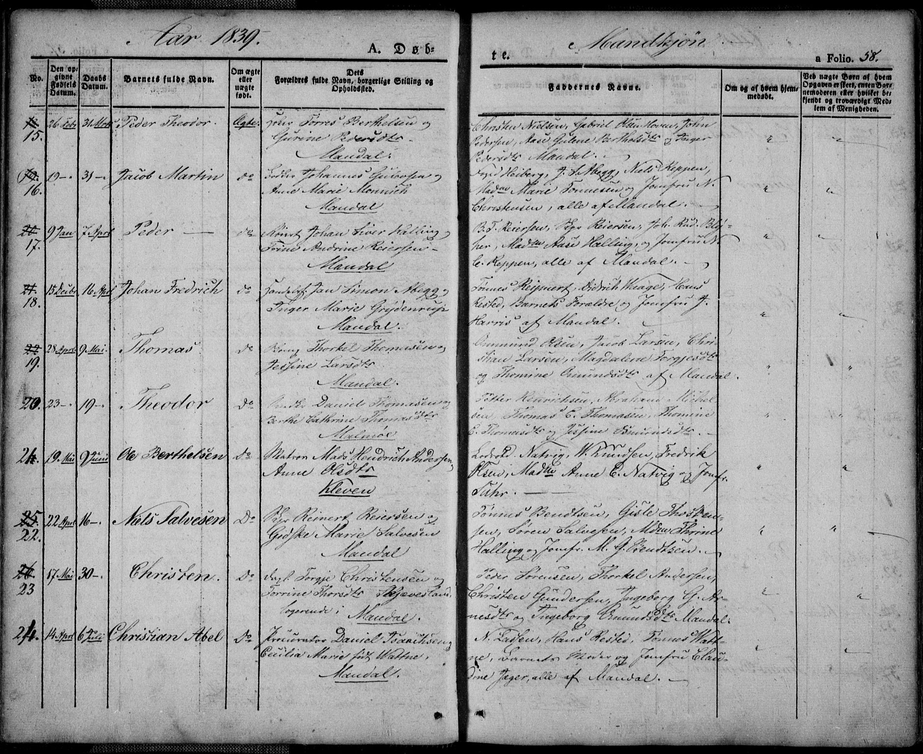 Mandal sokneprestkontor, AV/SAK-1111-0030/F/Fa/Faa/L0011: Ministerialbok nr. A 11, 1830-1839, s. 58