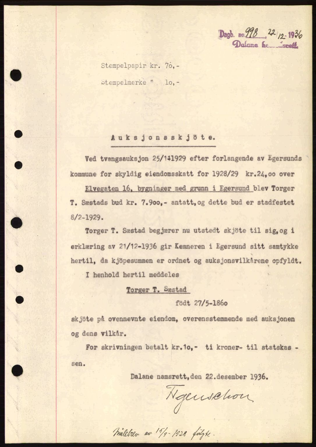 Dalane sorenskriveri, SAST/A-100309/02/G/Gb/L0041: Pantebok nr. A2, 1936-1937, Dagboknr: 998/1936