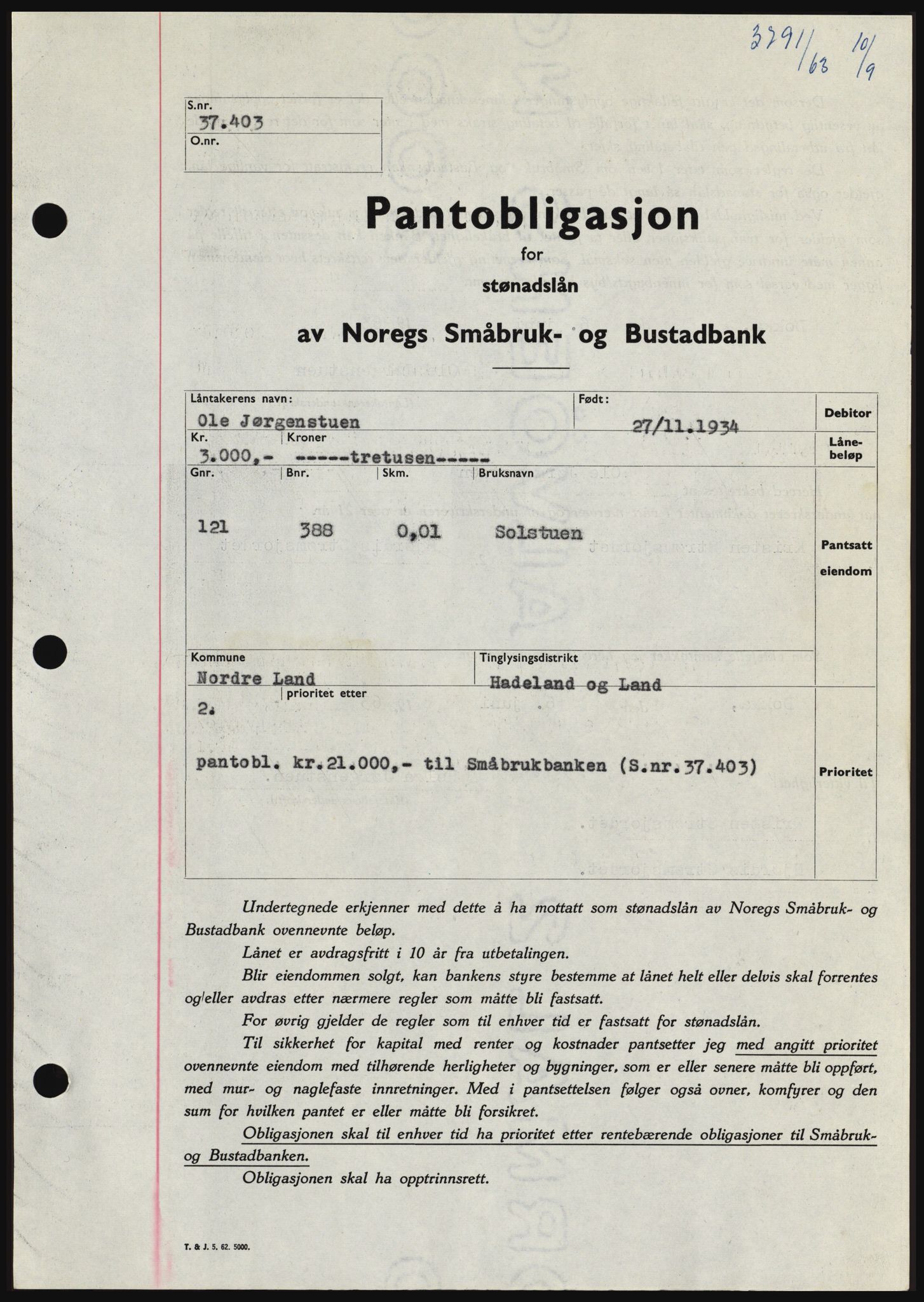 Hadeland og Land tingrett, SAH/TING-010/H/Hb/Hbc/L0052: Pantebok nr. B52, 1963-1963, Dagboknr: 3791/1963