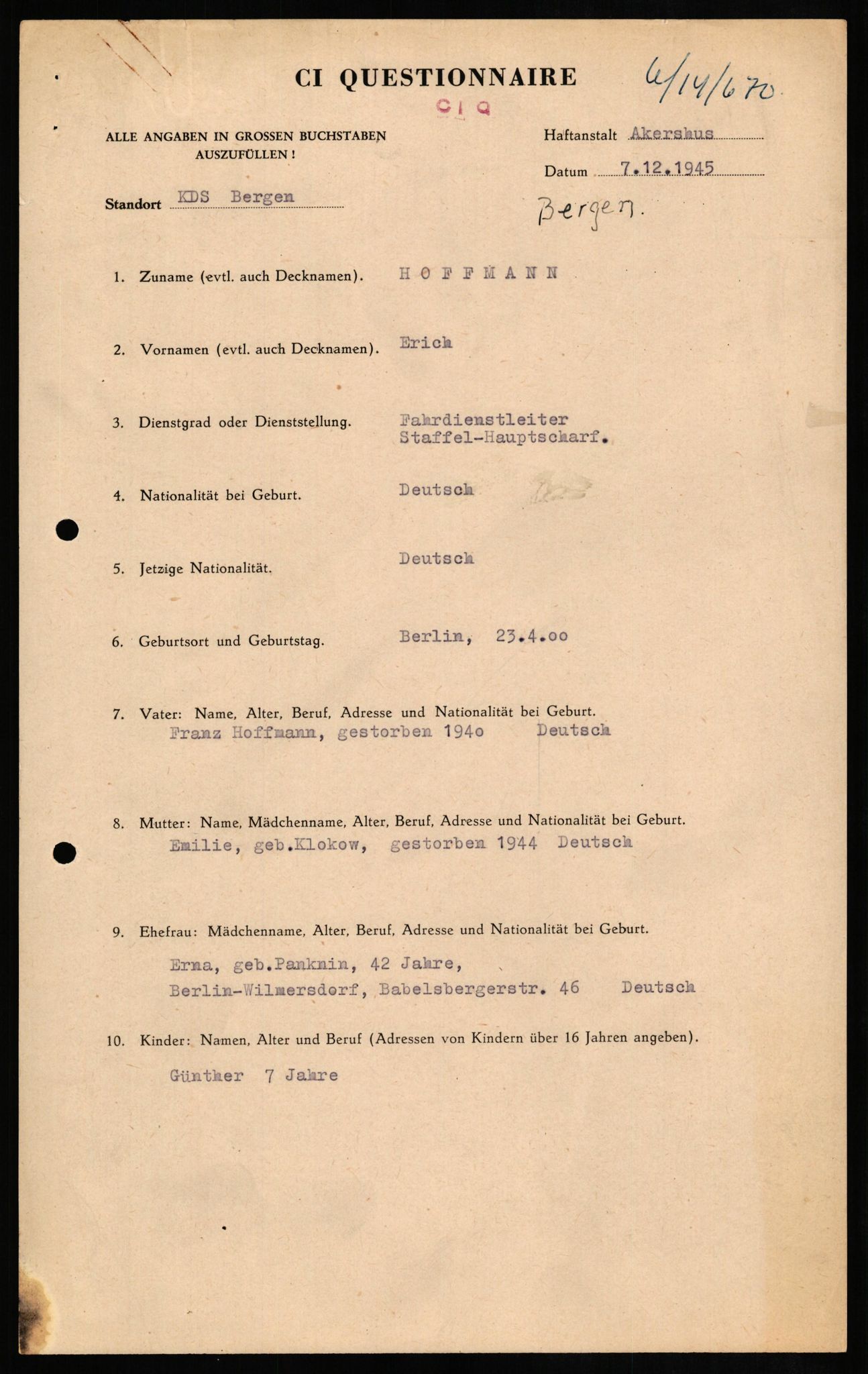 Forsvaret, Forsvarets overkommando II, AV/RA-RAFA-3915/D/Db/L0013: CI Questionaires. Tyske okkupasjonsstyrker i Norge. Tyskere., 1945-1946, s. 345