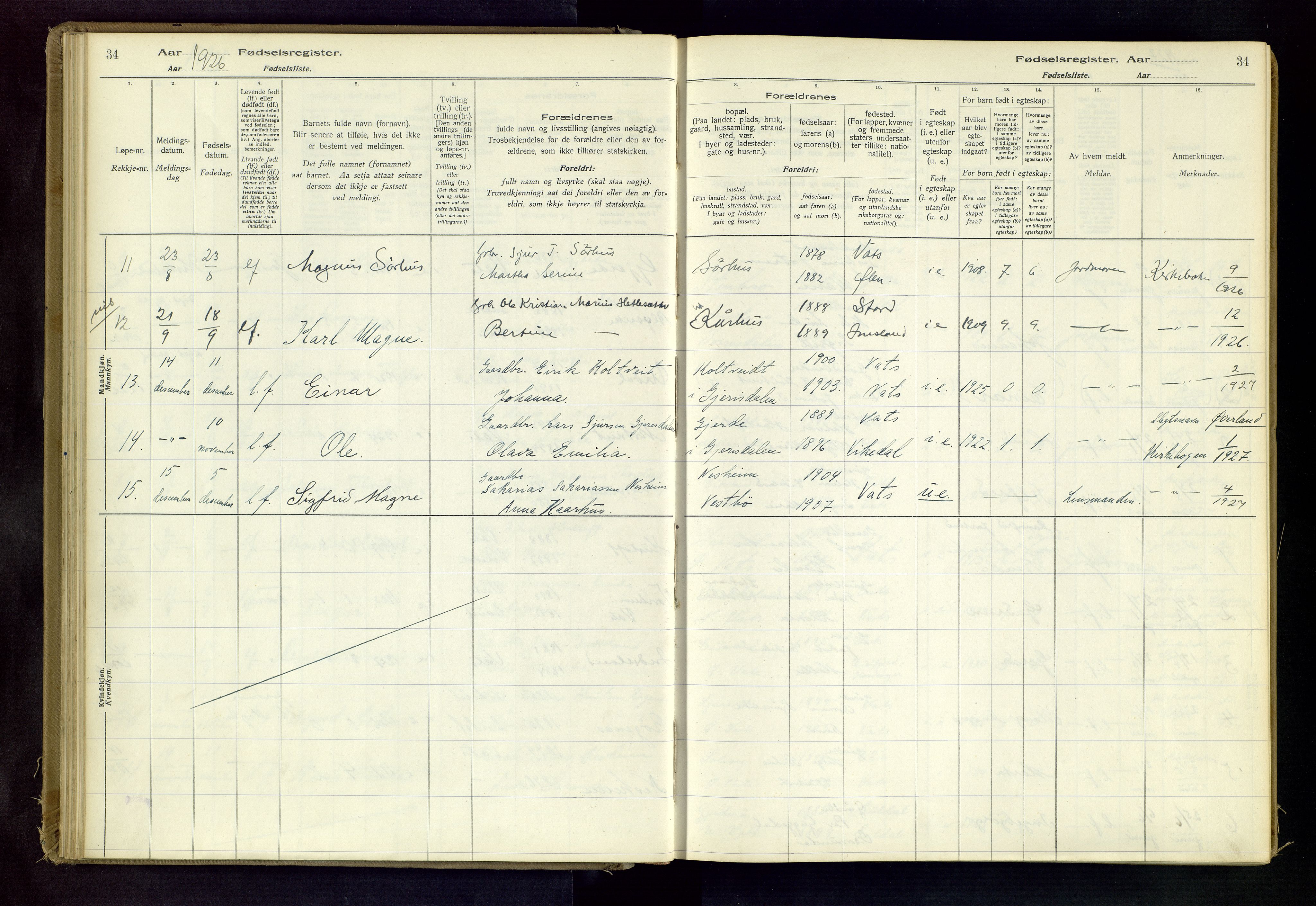 Skjold sokneprestkontor, AV/SAST-A-101847/I/Id/L0003: Fødselsregister nr. 3, 1917-1982, s. 34