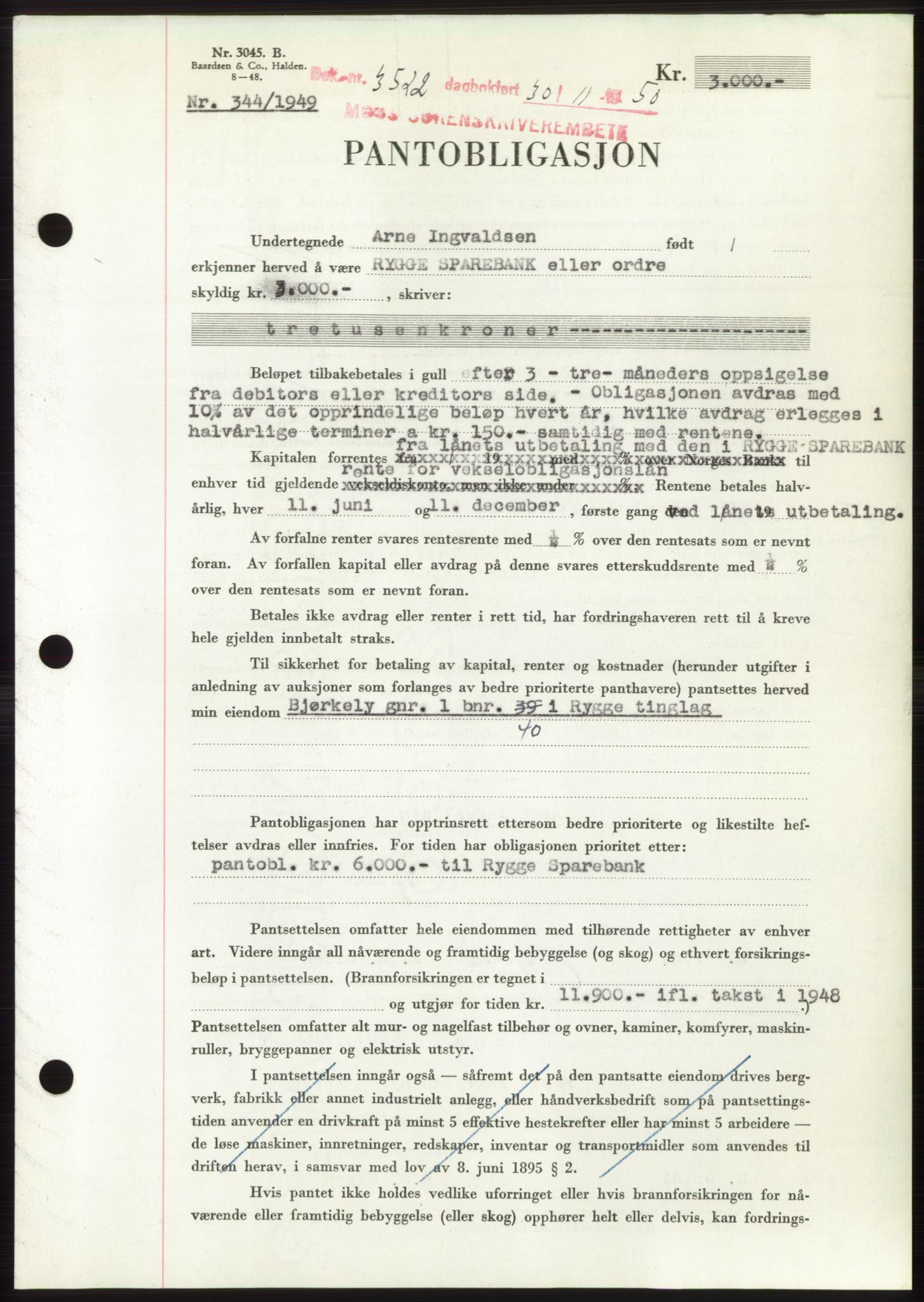 Moss sorenskriveri, SAO/A-10168: Pantebok nr. B25, 1950-1950, Dagboknr: 3522/1950