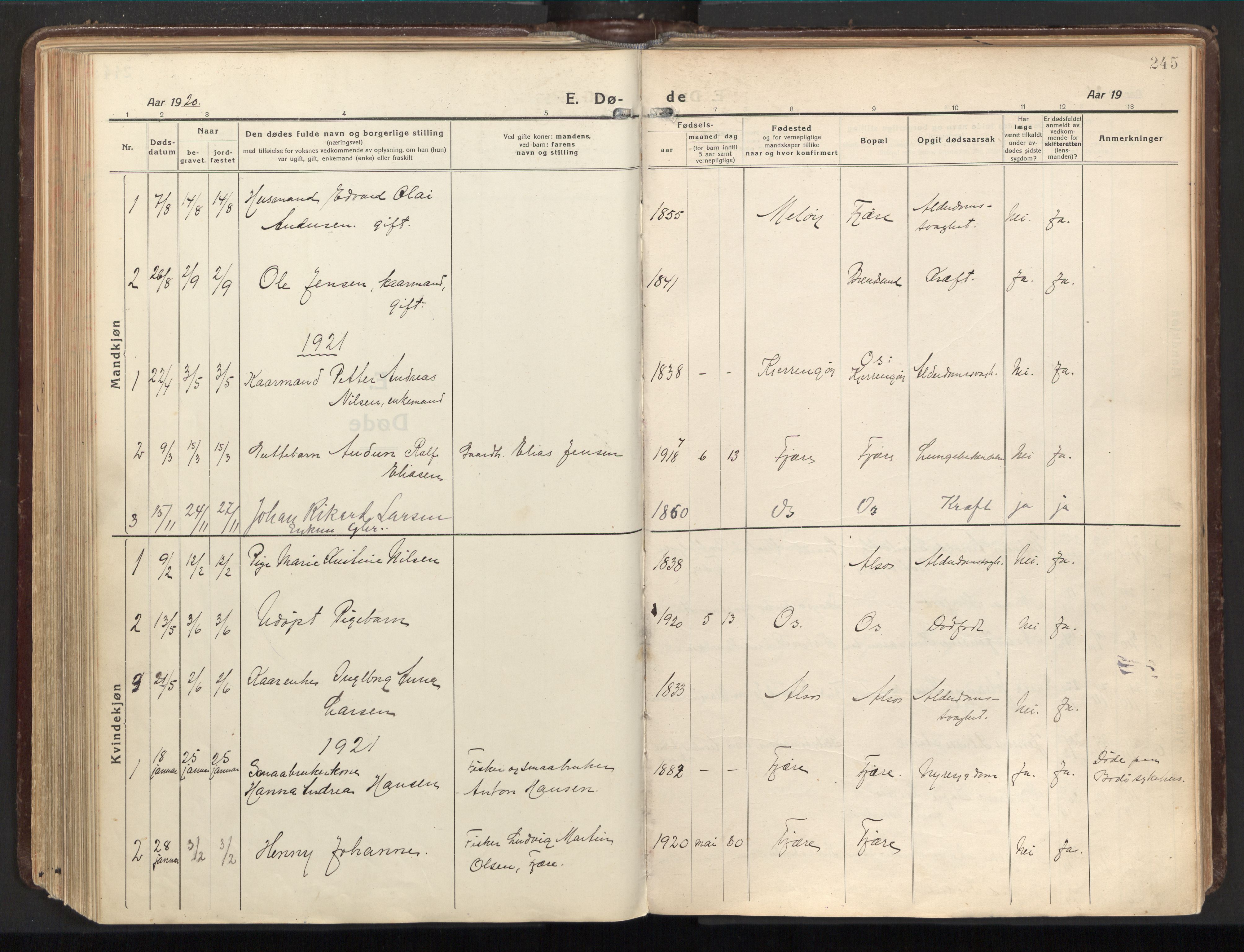 Ministerialprotokoller, klokkerbøker og fødselsregistre - Nordland, AV/SAT-A-1459/803/L0073: Ministerialbok nr. 803A03, 1920-1955, s. 245