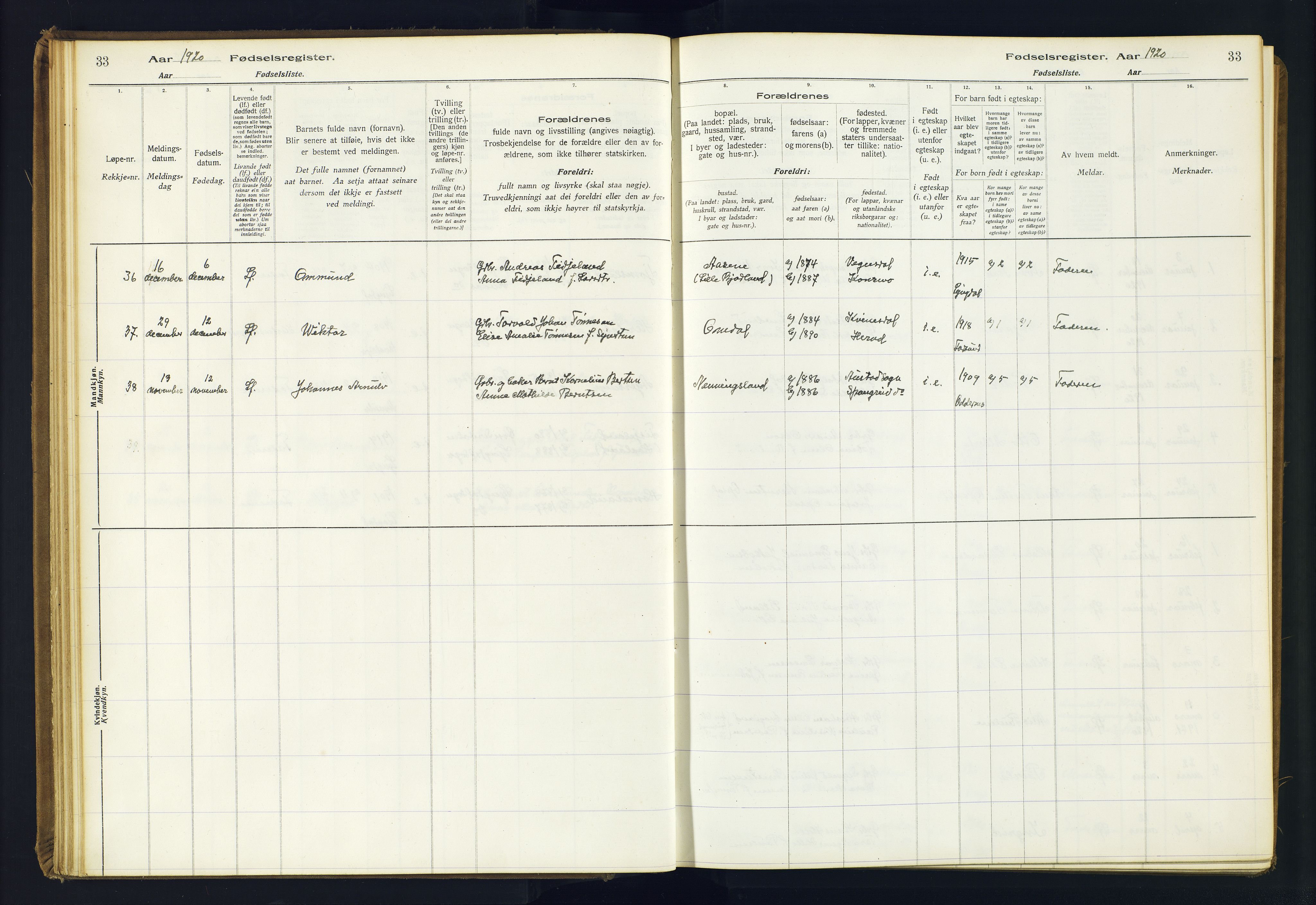 Lyngdal sokneprestkontor, AV/SAK-1111-0029/J/Ja/L0001: Fødselsregister nr. A-VI-26, 1916-1951, s. 33