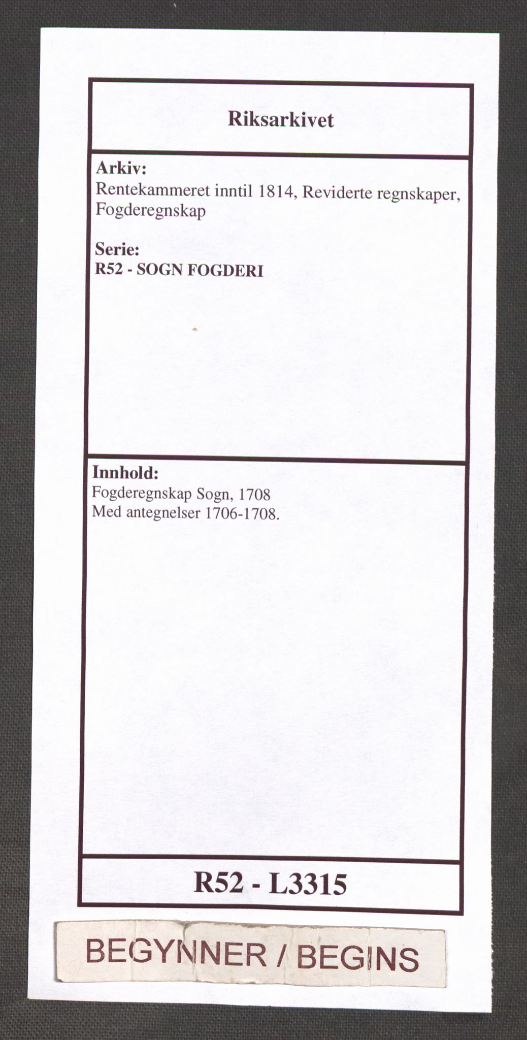 Rentekammeret inntil 1814, Reviderte regnskaper, Fogderegnskap, RA/EA-4092/R52/L3315: Fogderegnskap Sogn, 1708, s. 1