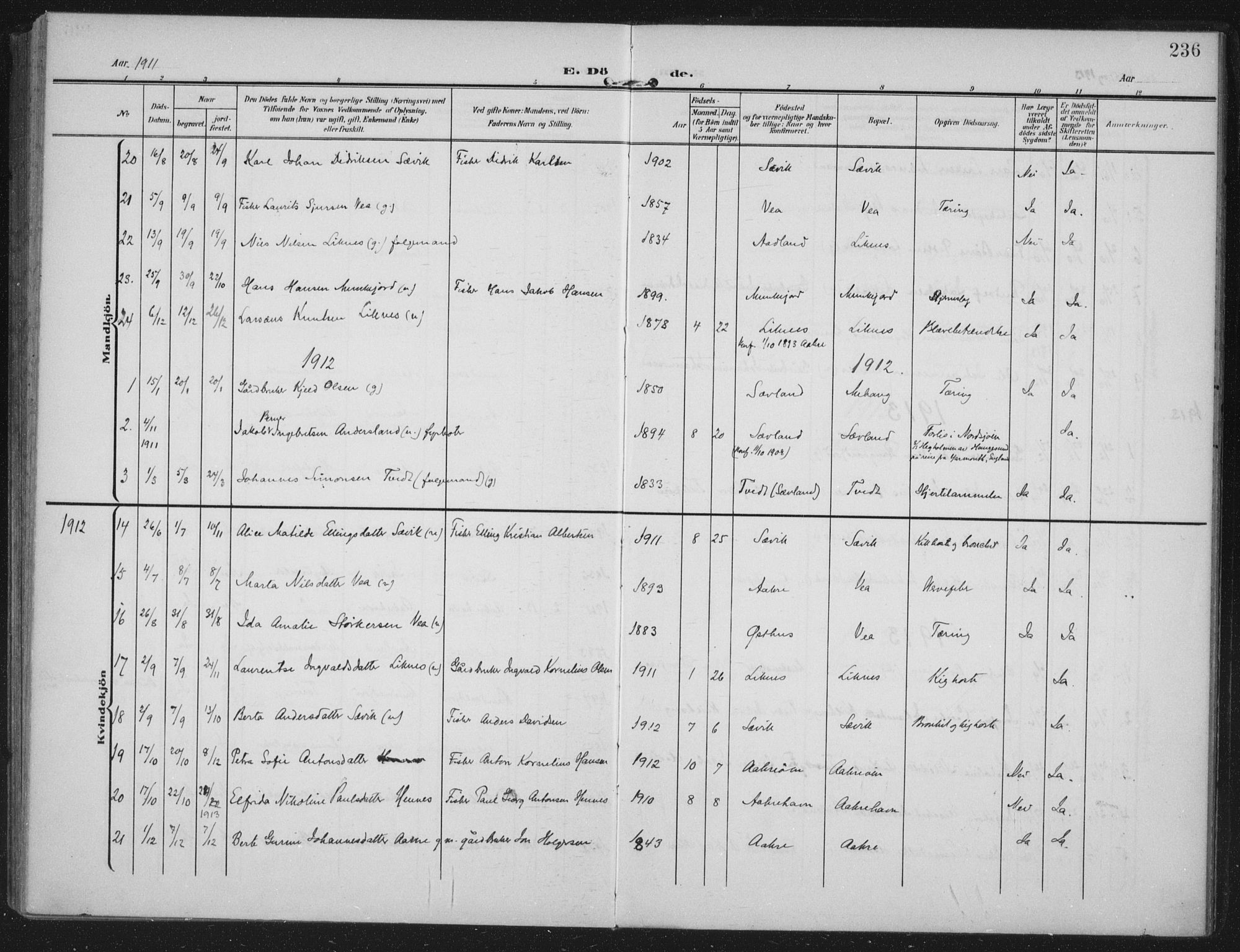 Kopervik sokneprestkontor, AV/SAST-A-101850/H/Ha/Haa/L0005: Ministerialbok nr. A 5, 1906-1924, s. 236