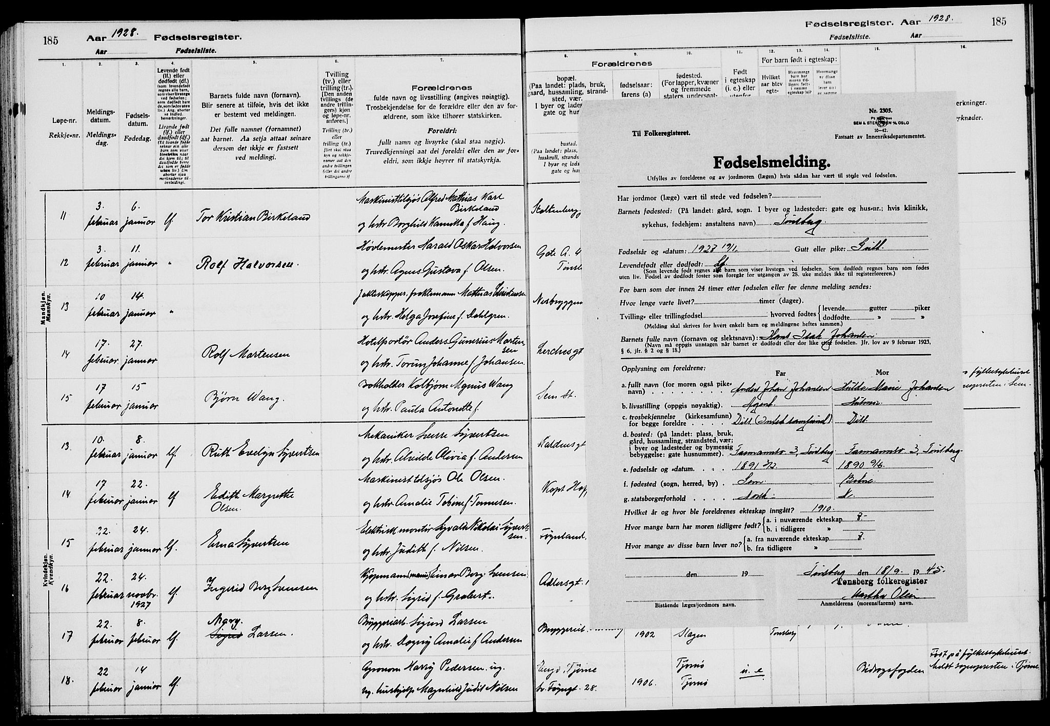 Tønsberg kirkebøker, AV/SAKO-A-330/J/Ja/L0002: Fødselsregister nr. 2, 1922-1928, s. 185