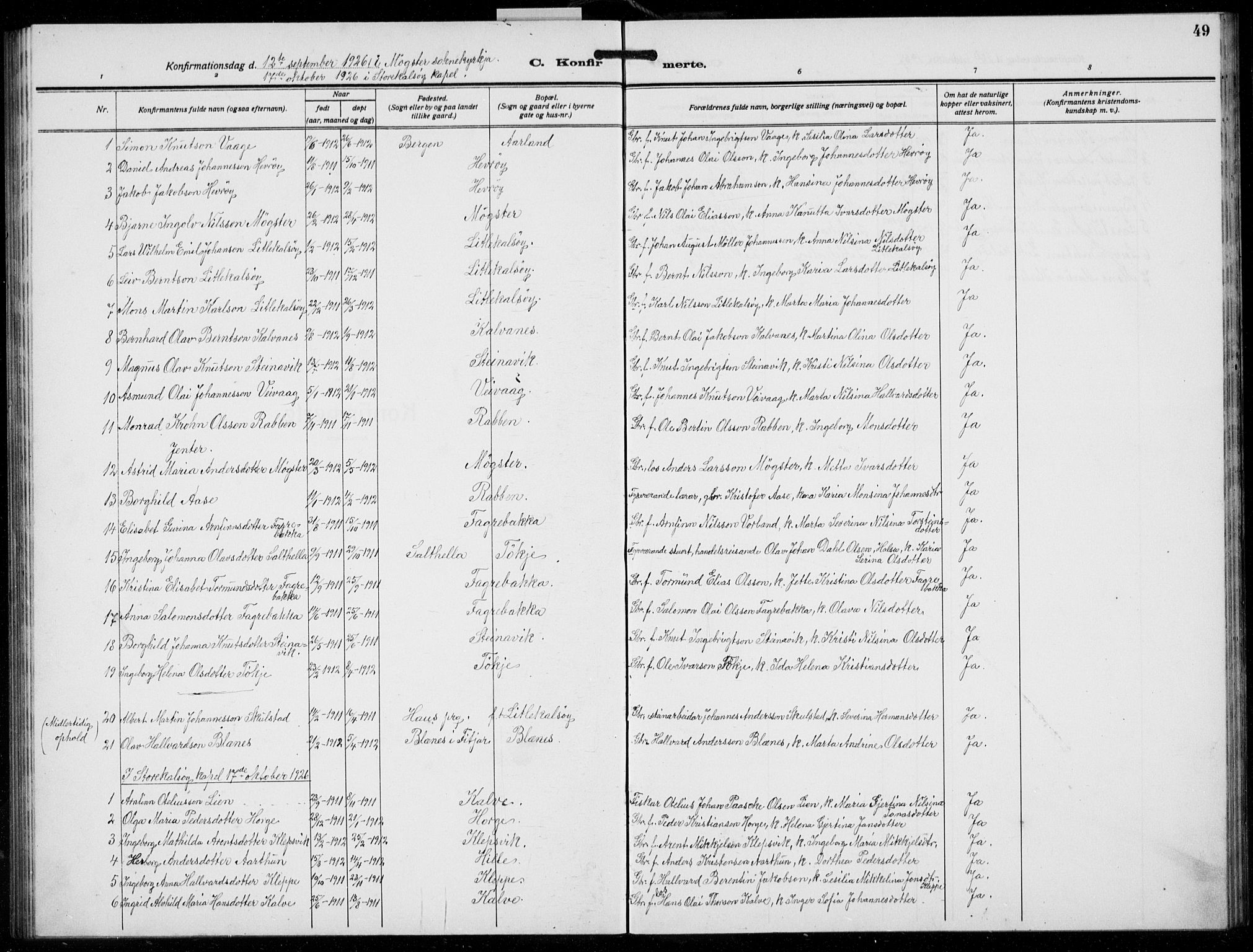 Austevoll sokneprestembete, AV/SAB-A-74201/H/Ha/Hab/Habb/L0007: Klokkerbok nr. B 7, 1926-1939, s. 49