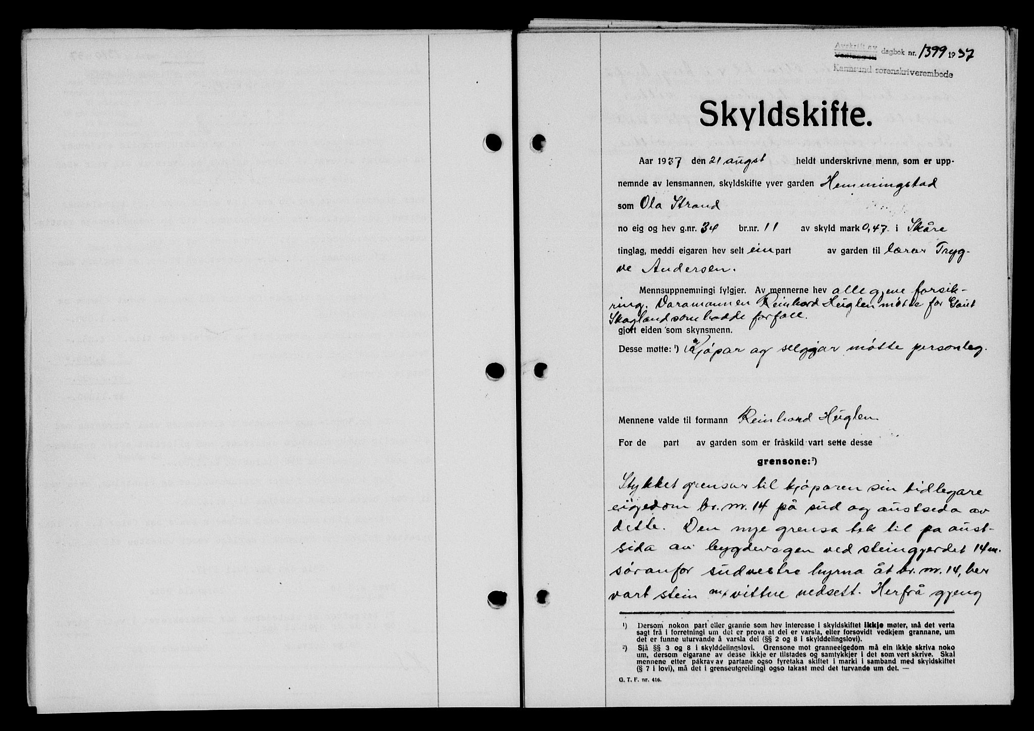 Karmsund sorenskriveri, SAST/A-100311/01/II/IIB/L0068: Pantebok nr. 49A, 1937-1937, Dagboknr: 1399/1937