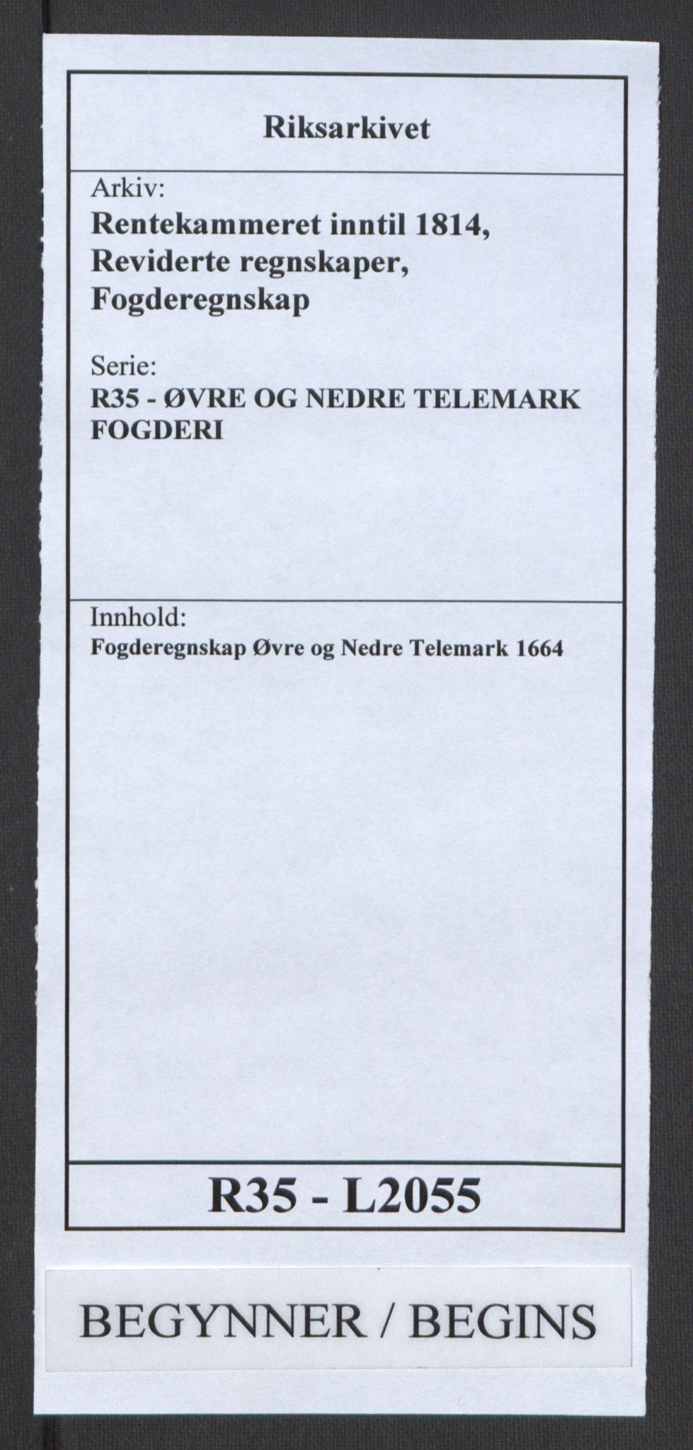 Rentekammeret inntil 1814, Reviderte regnskaper, Fogderegnskap, RA/EA-4092/R35/L2055: Fogderegnskap Øvre og Nedre Telemark, 1664, s. 1
