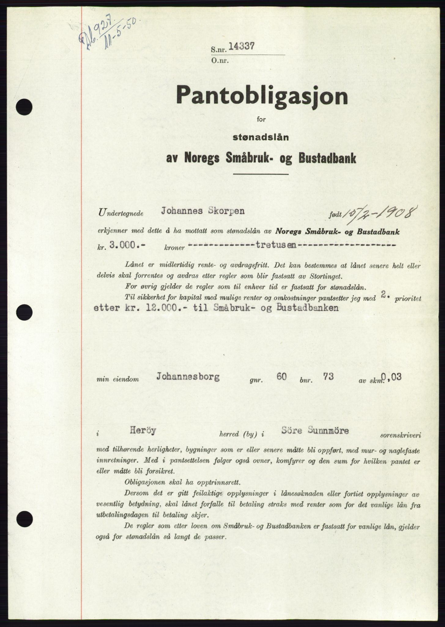 Søre Sunnmøre sorenskriveri, SAT/A-4122/1/2/2C/L0118: Pantebok nr. 6B, 1949-1950, Dagboknr: 927/1950