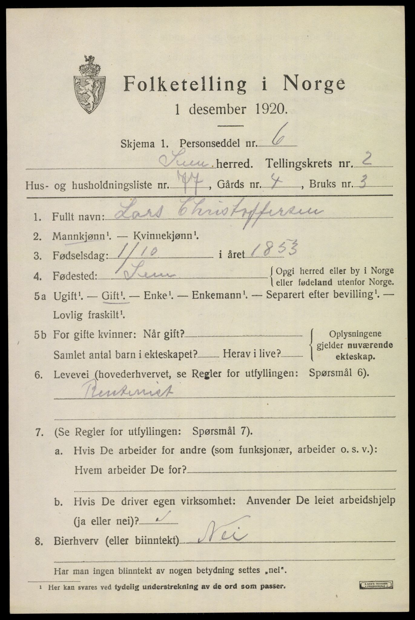 SAKO, Folketelling 1920 for 0721 Sem herred, 1920, s. 6057